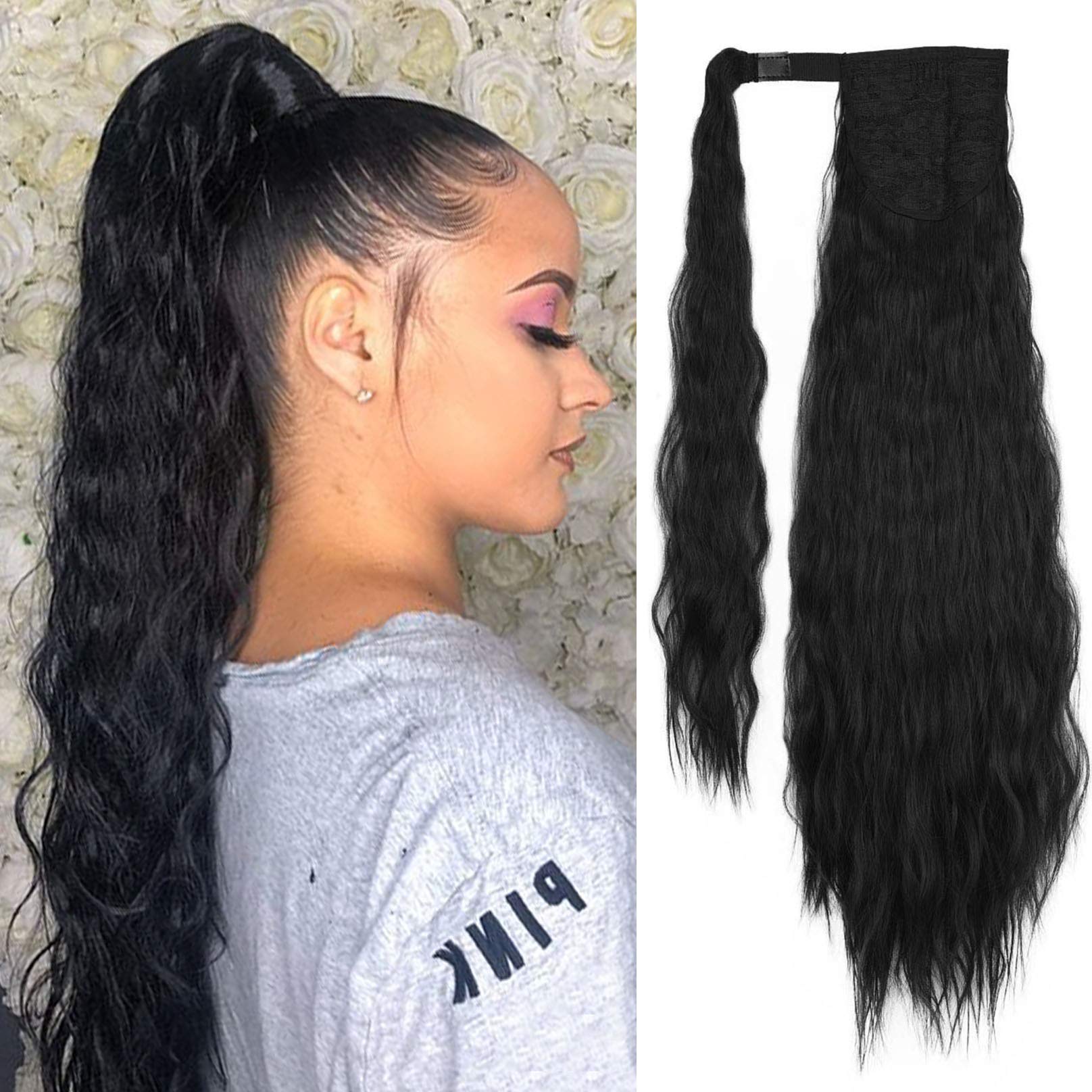 SEIKEA Clip in Ponytail Extension Wrap Around Long Wavy Curly Pony Tail Hair Fluffy Synthetic Hairpiece for Women 28 Inch - Black