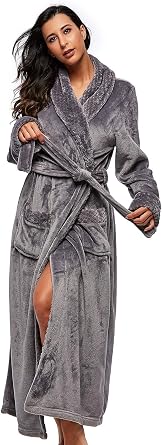 BELLOO Soft bathrobe long women's winter dressing gown flannel sauna robe with shawl collar pocket