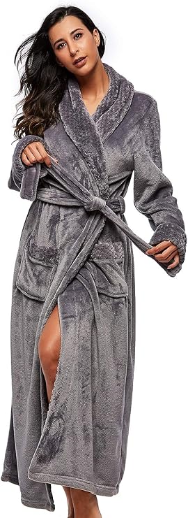 BELLOO Soft bathrobe long women's winter dressing gown flannel sauna robe with shawl collar pocket
