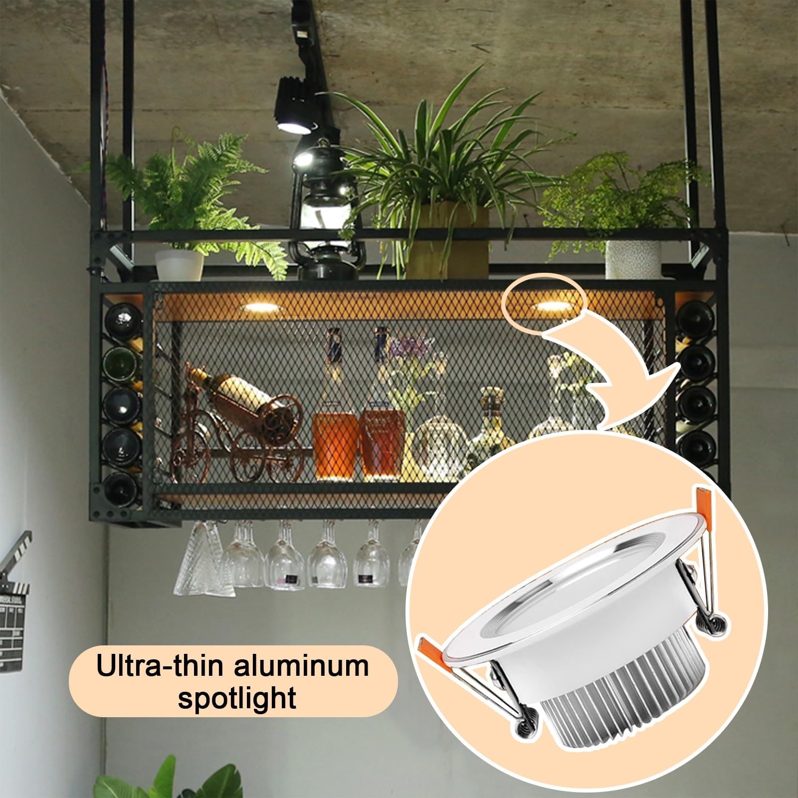 80CM Portabottiglie a soffitto con luci LED BLACK | Portabottiglie Metallico Stile Industriale, Supporto Installabile a Soffitto o Parete per Bar Casa Sala da Pranzo