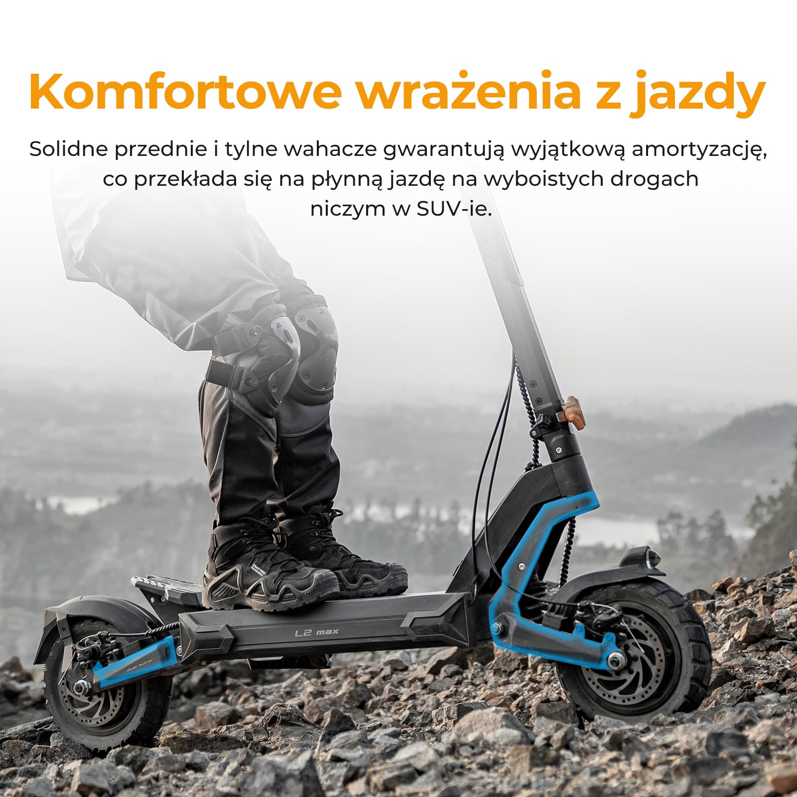 Dorosły skuter elektryczny z dwoma silnikami, Ausom L2 Max, zasięg 80-90 km, koła terenowe 10x3,0", składany skuter elektryczny