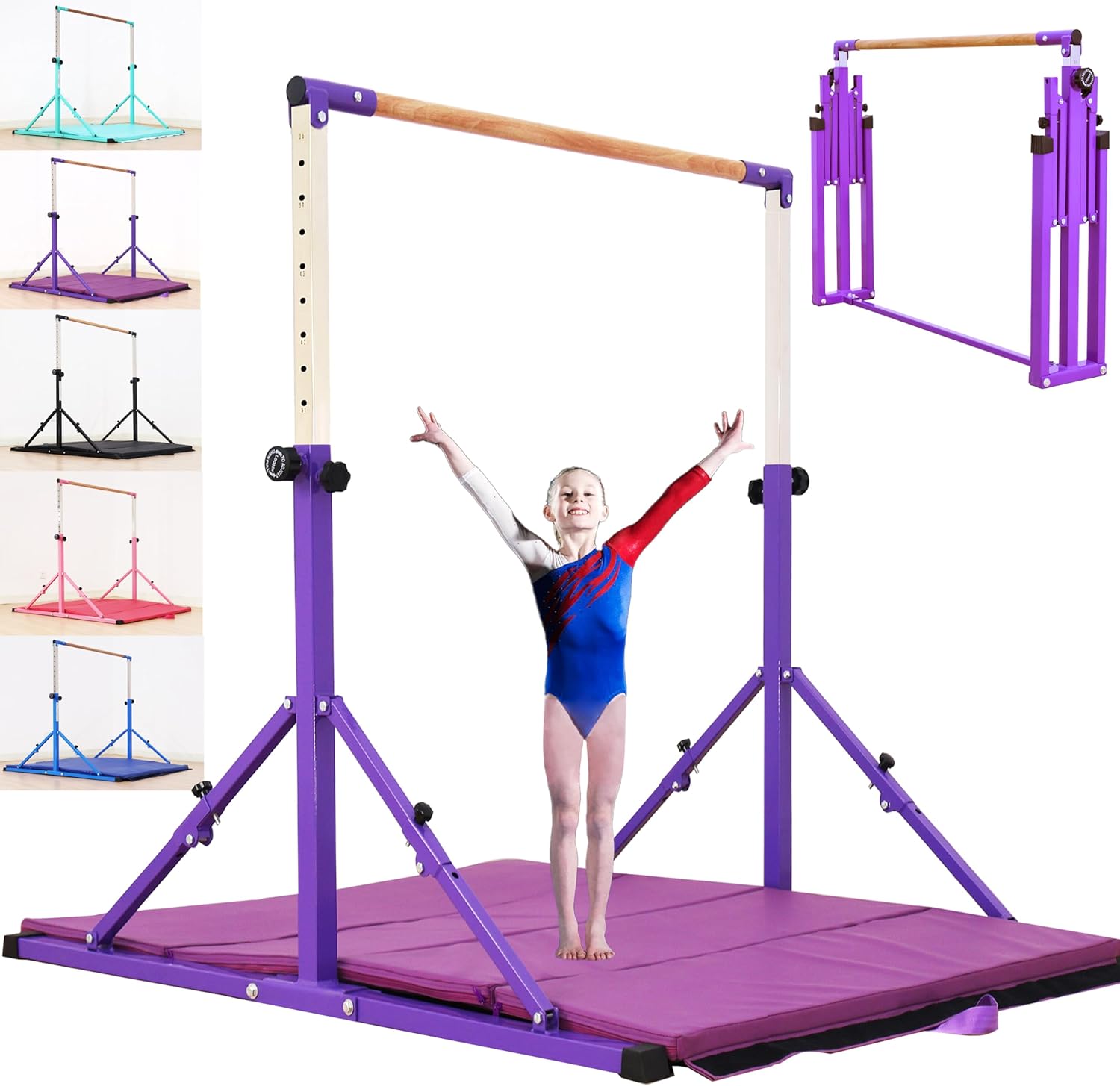 MARFULA 4FT/5FT Gymnastic Bar Set Gymnastics Horizontal Bar Gymnastics Kip Bar for Kids Home Use 5FT Bar With Mat Purple
