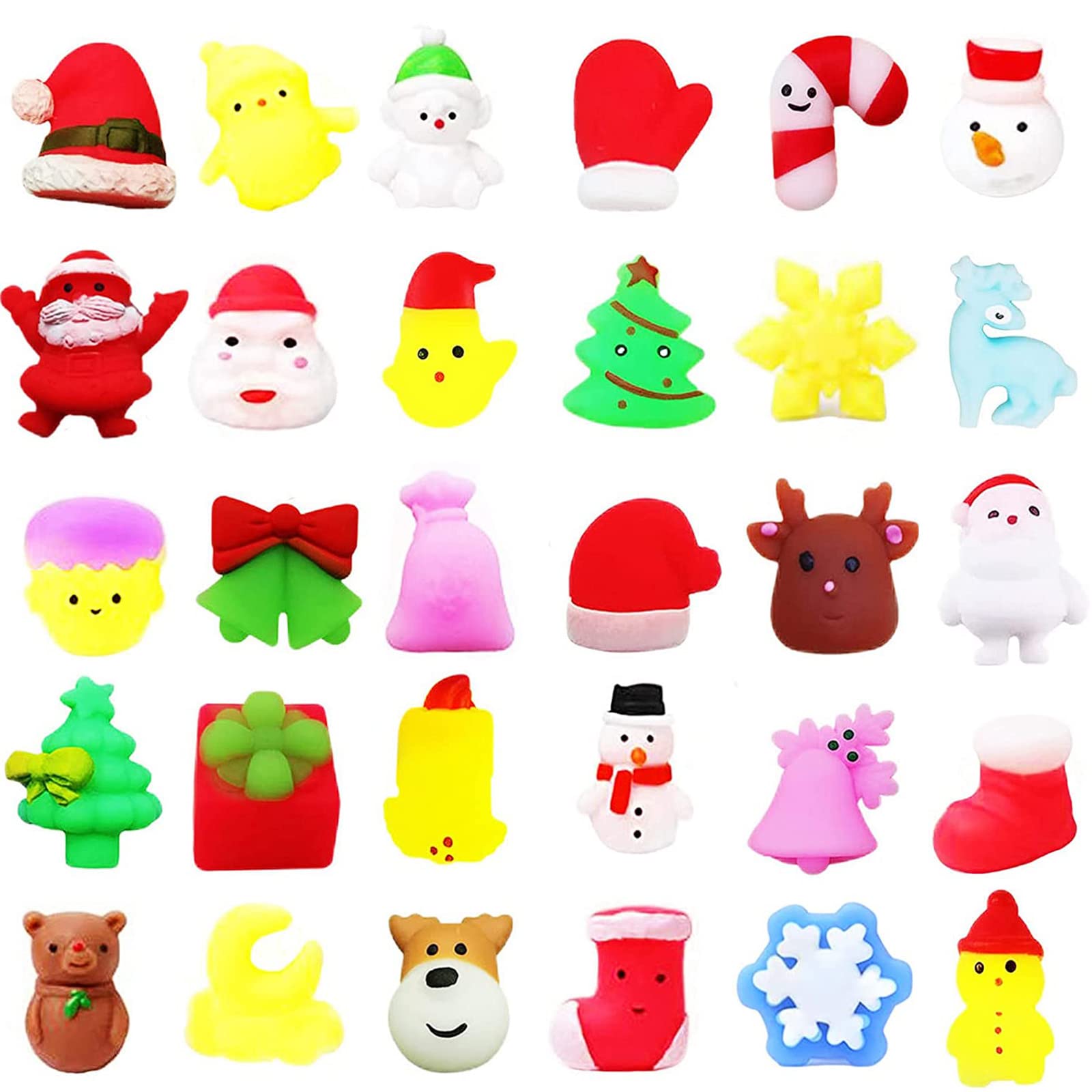 Christmas Mochi Squishy Toys for Kids, Girls, Boys - 30 Pack Moochies Squeeze Soft Fidget Toy, Mini Kawaii Moji for Xmas Party Favors, Treat Bags, Stocking Filler Gifts