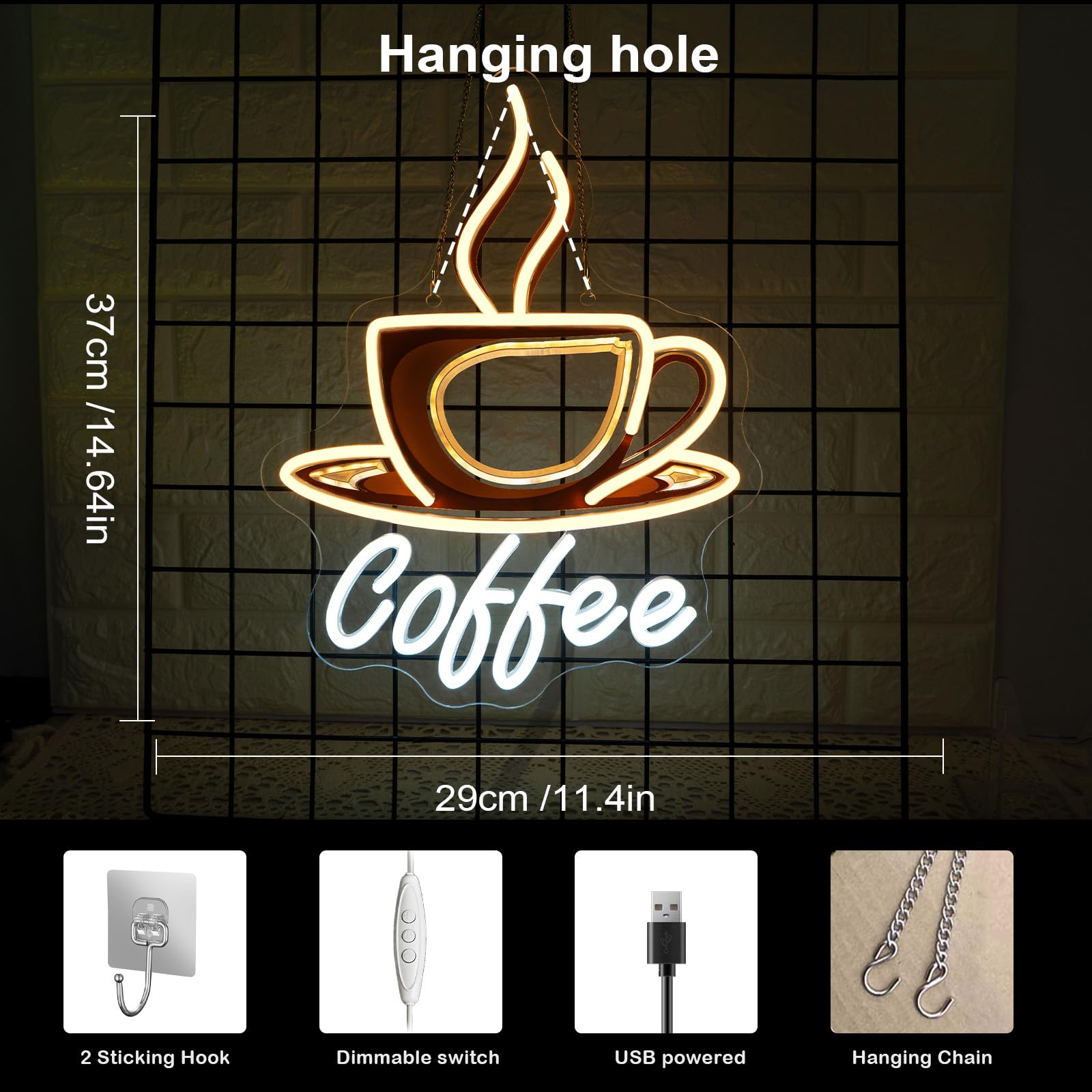 ineonlife Coffee Neon Led,Café Lettre Lumineuse, Neon Mural pour Décoration,Néon Led pour Bistrot,Food Truck Café,Coin Café,Magasin de Boissons,Cuisine,Chambre,Cadeau