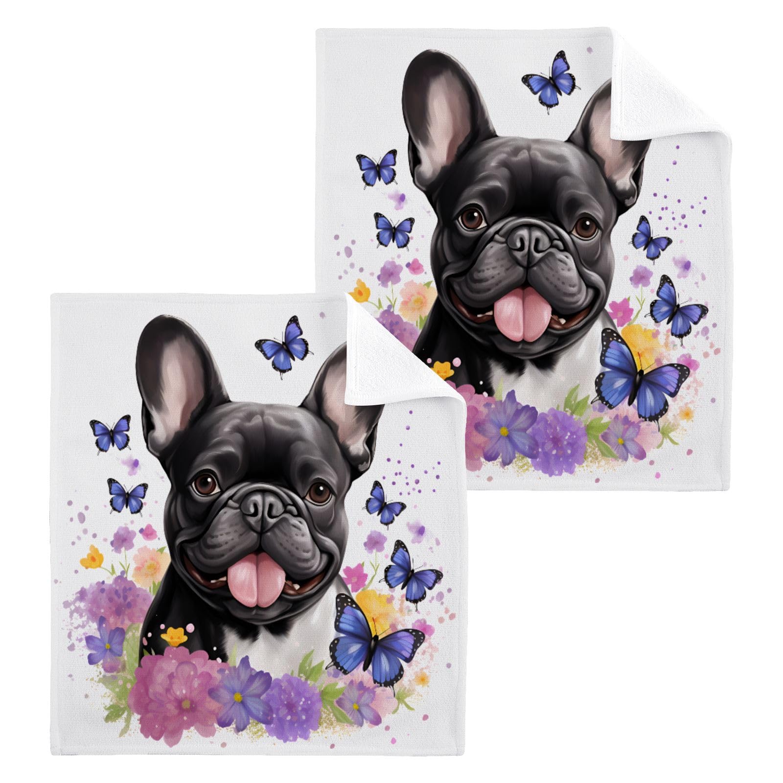 ALAZA Wash Cloth Set 100% Cotton Fingertip Towels Face Cloths Sets Dog Pug Butterfly Highly Absorbent Soft Feel Set of 2