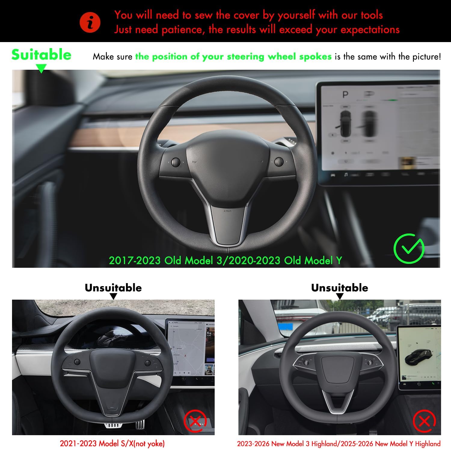 MEWANT Hand Stitched White Leather Tesla Model 3 Steering Wheel Cover for Tesla Model 3 2017-2023 / Model Y 2020-2023 for Tesla Model 3/Y Accessories