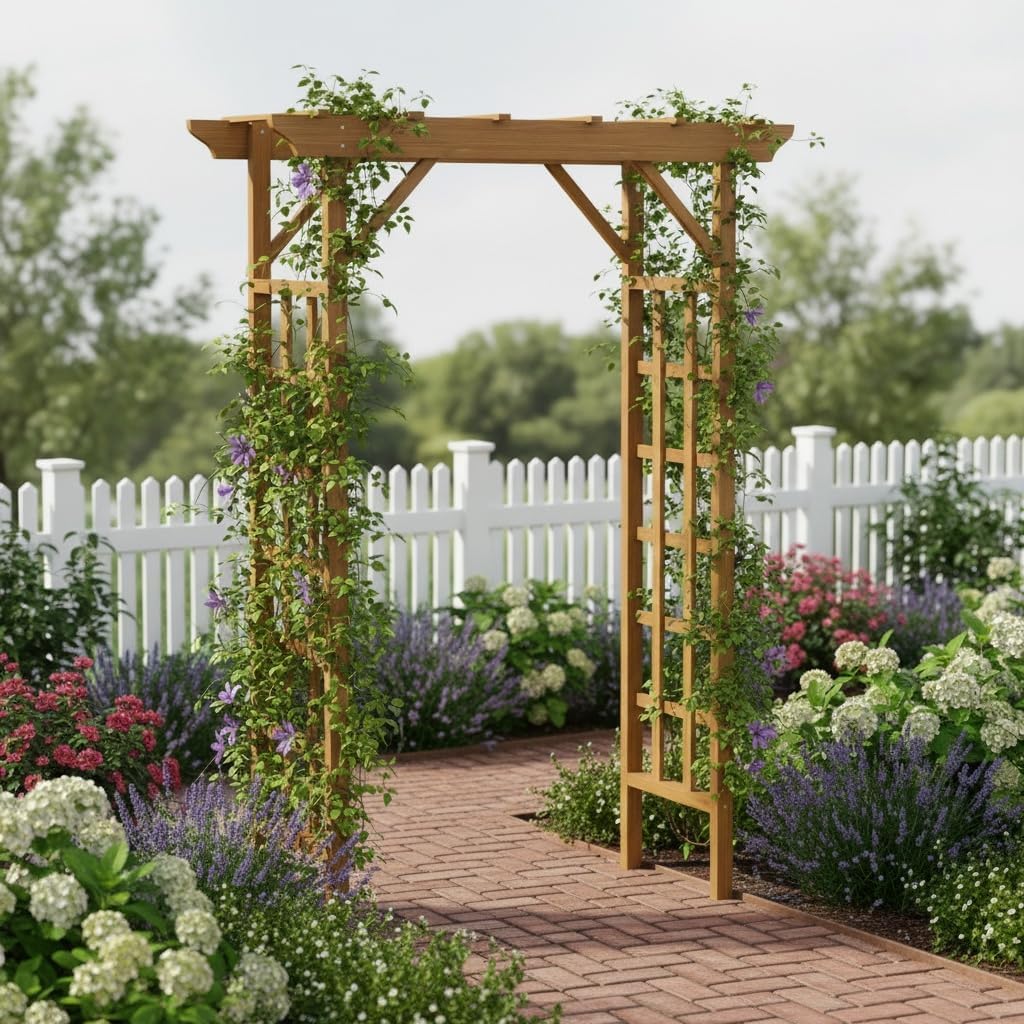 85 Inch Wooden Garden Arch, Rustic Pergola & Plant Trellis – Outdoor Wedding Archway Ceremony Decor, Garden Arbor for Backyard Lawn Courtyard Patio or Christmas Decoration (Light Brown, 57 * 22 * 85)