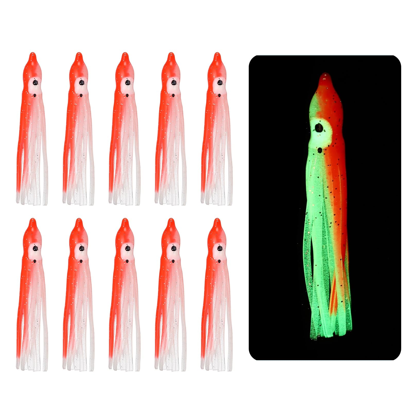 YELARXI Fishing Squid Skirts, Glow Soft Plastic Trolling Lures Luminous 3.5 x 0.4 Inch & 10 Pcs & Clear/Red -Fitting for (Bass/Trout/Salmon/Saltwater/Fishing Bait)