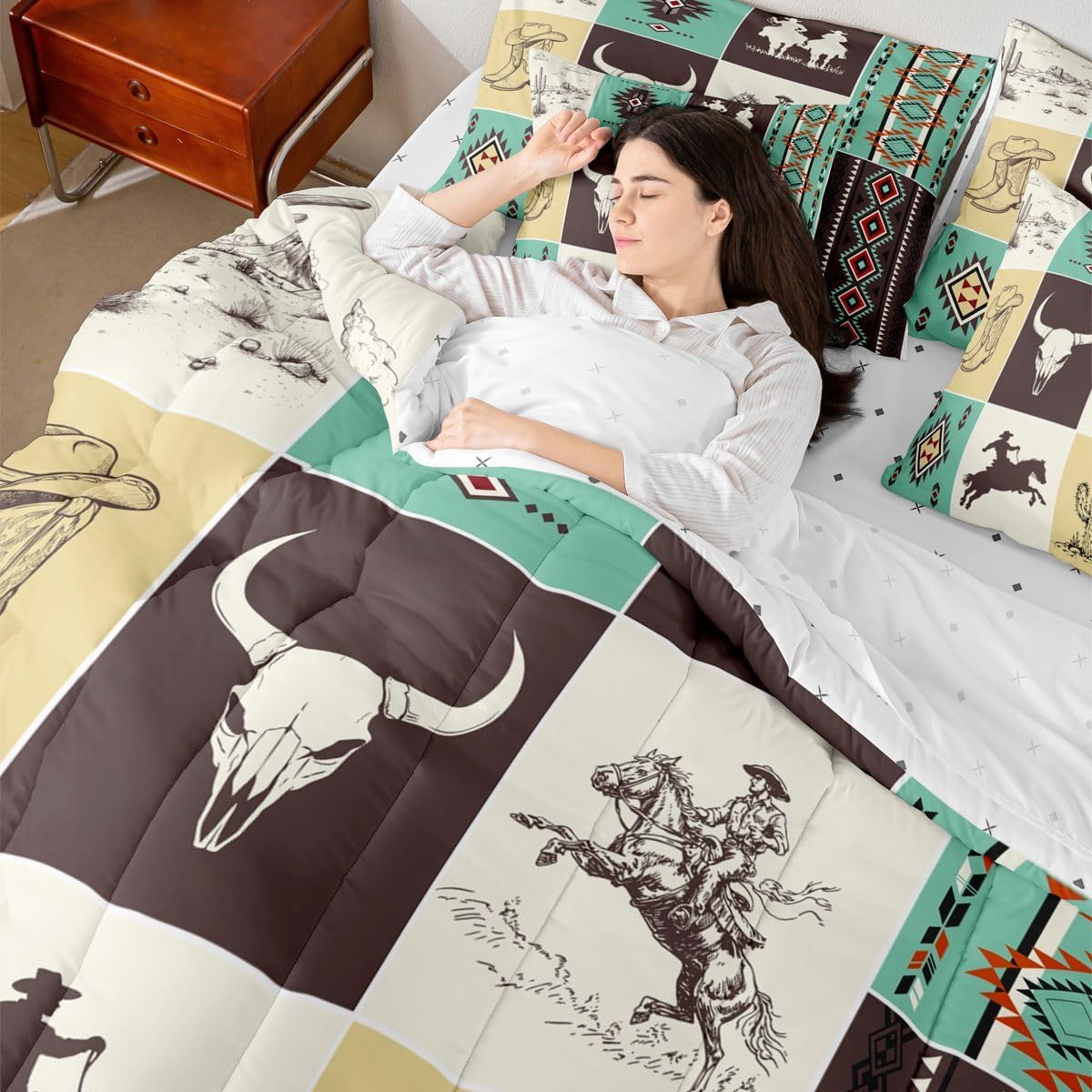 Feelyou Western Comforter Set Queen Size 7 Pieces Southwestern Aztec Bedding Set Rustic Cowboy Horse Bed in a Bag with Comforter, Sheets, Pillowcases, Cushion Covers Vintage Country Decor Bull Skull