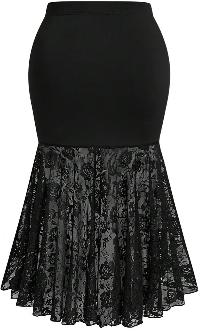 GORGLITTER Women's Plus Size Skirts Goth Renaissance Y2K Floral Mesh Ruched Fishtail Asymmetrical BodyconMaxi Skirts