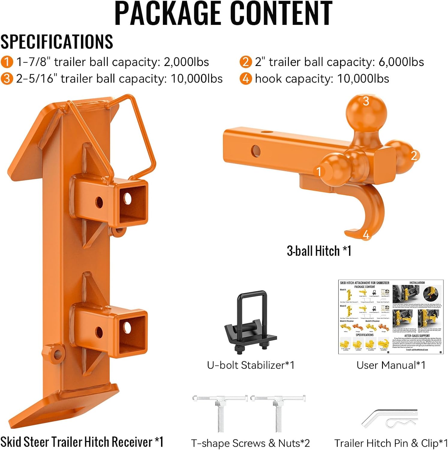 2026 Upgraded Skid Hitch Attachment for Skidsteer 2" Receiver Hitch,Heavy Duty Skid Steer Hitch Attachment Compatible with Tractors,Max 20,000 lbs Towing Capacity(Orange)