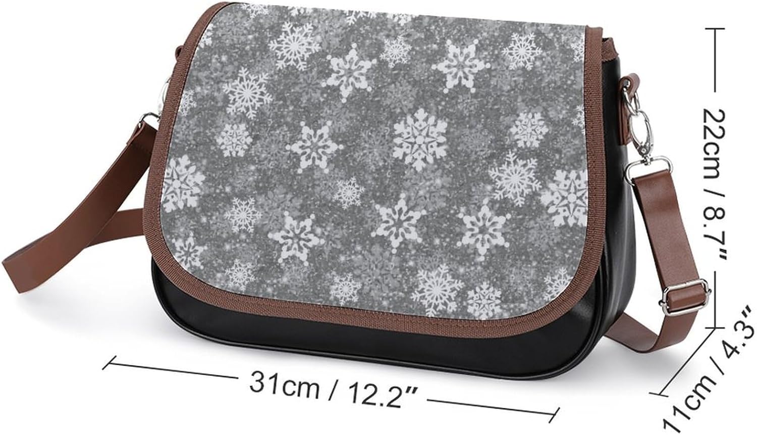 White Snowflakes Gray ChristmasWomen's Faux Leather Crossbody Bag, Waterproof Wrinkle-Resistant Shoulder Bag with Detachable Strap, Large Capacity Casual Handbag, Fashion Daily Purse for Shopping Work