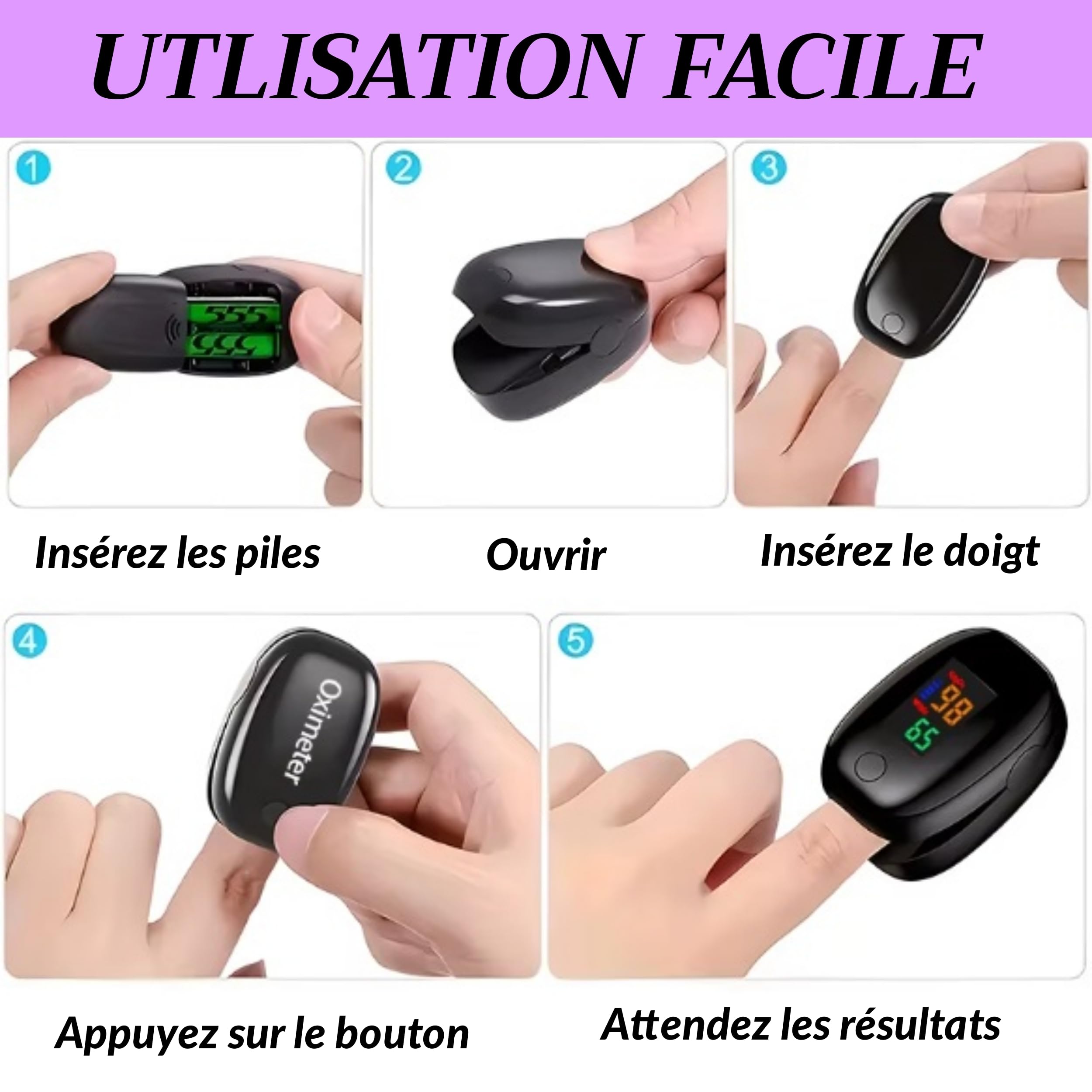 Oxymètre de Doigt Professionnel, Saturomètre SPO2 avec Écran LED, Mesure rapide de Saturation Oxygène et Fréquence Cardiaque, etui de protection + Piles Incluses, Idéal pour sportifs (noir)