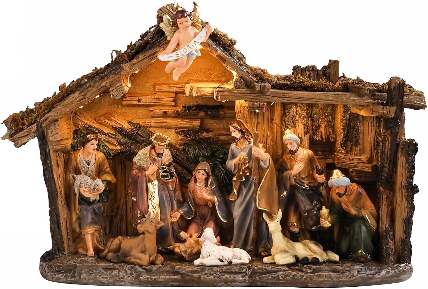 WONDER GARDEN Christmas Nativity Set Indoor,Christmas Houses Village,Nativity of Jesus with Angel,Manger and Led Lights for Home Decor or Gift