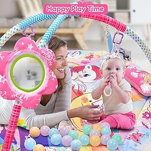 BATTOP Baby Gym Play Mat, 8-in-1 Tummy Time Activity Mat & Ball Pit with 6 Toys, Washable Sensory Playmat for Visual/Hearing/Motor Development, Newborn Gift 0-12 Months (Pink)