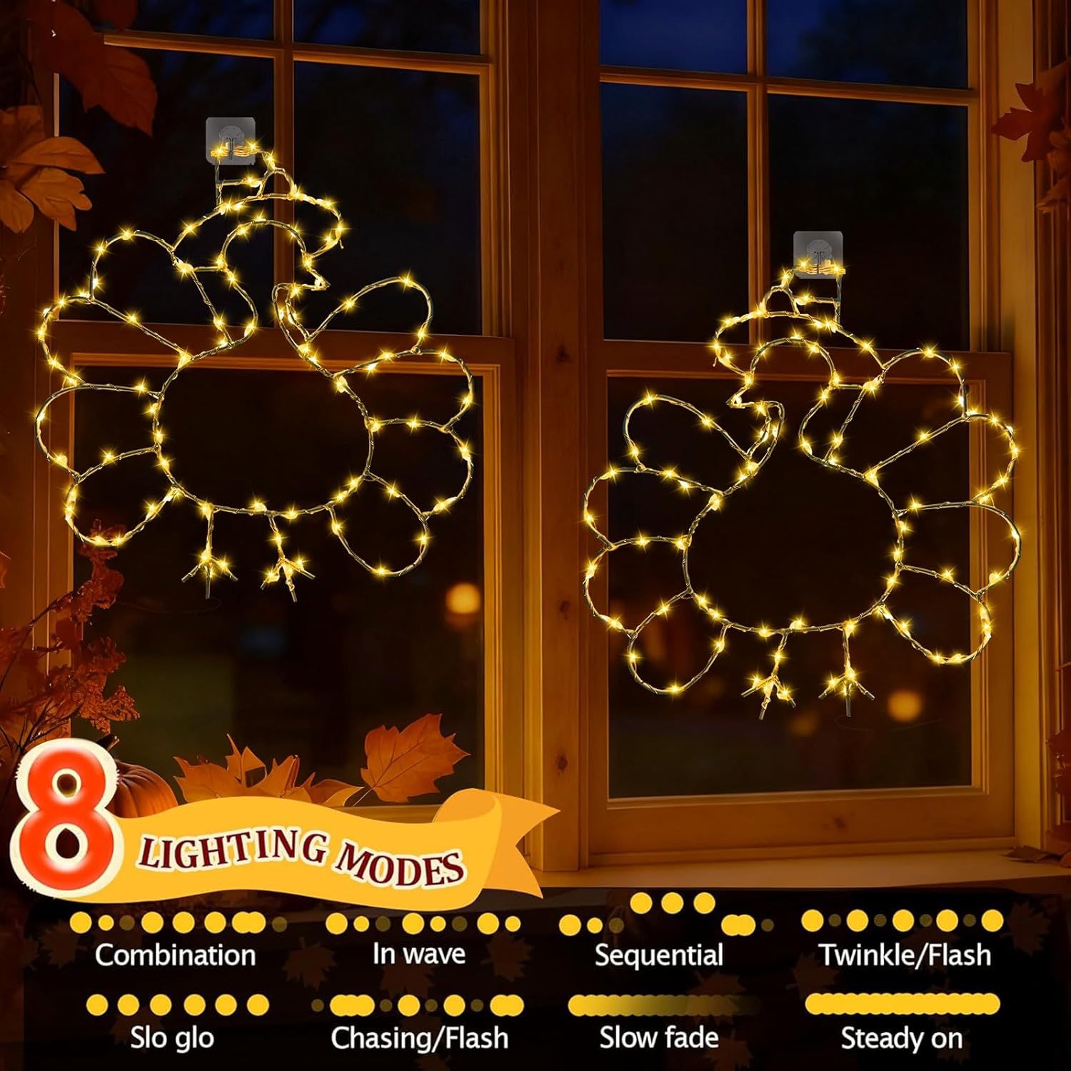 2 Pcs Light Up Turkey Lights Decorations Indoor, Thanksgiving Window Decorations Thanksgiving Lights Battery Operated Fall Lighted Window Decor with Timer & 8 Modes for Home - Image 3
