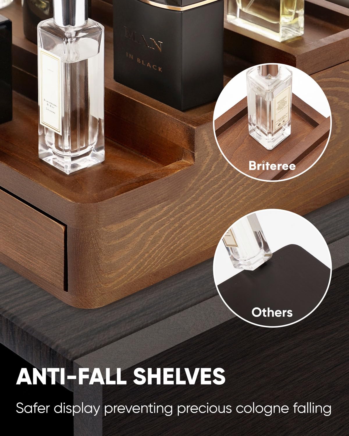 Organiseur de Cologne pour homme, support de Cologne en bois à 3 niveaux avec tiroir de rangement et compartiment caché, support de Cologne pour commode, excellent cadeau pour homme, marron
