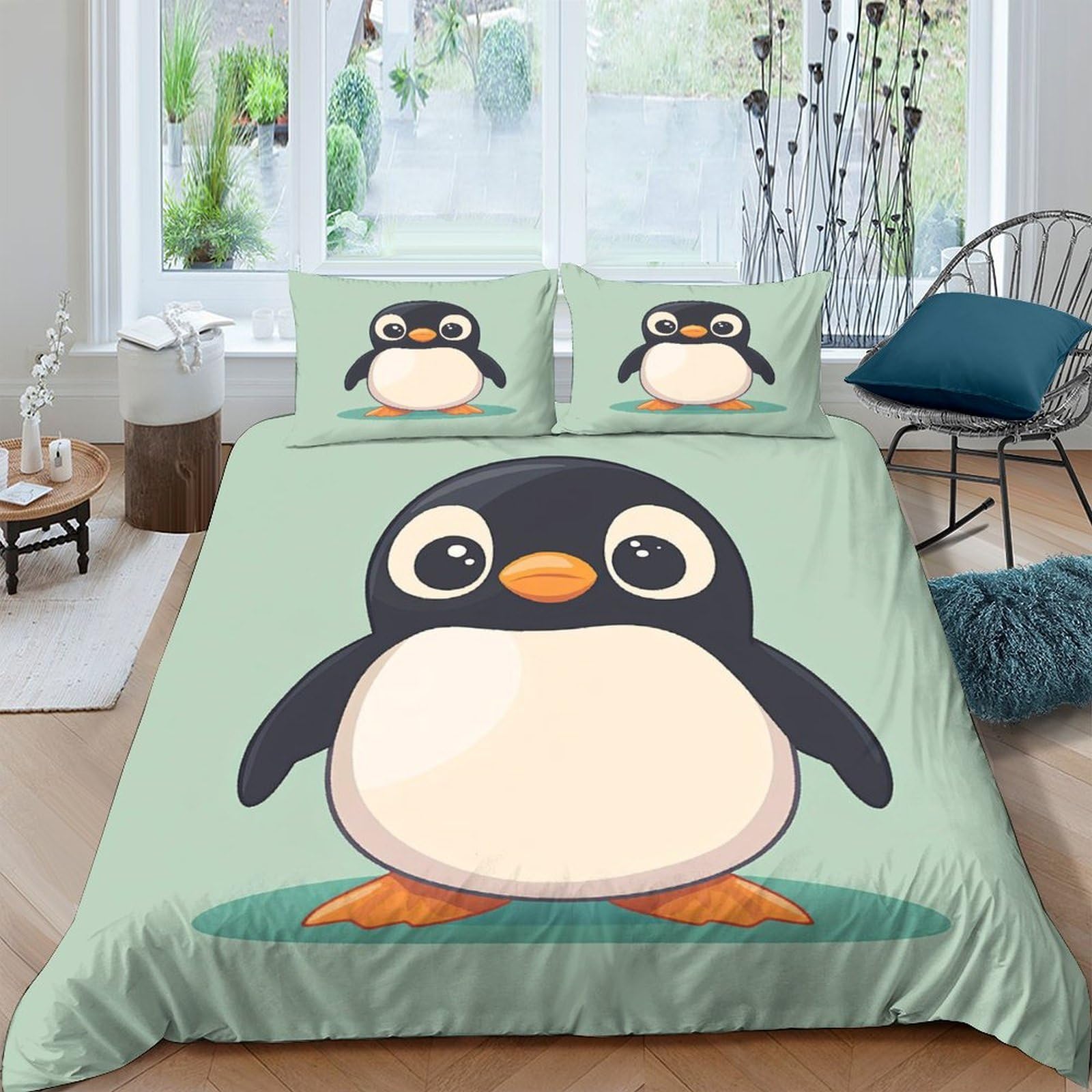 Housse de couette pingouin 140x200 cm en microfibre douce pour lit simple