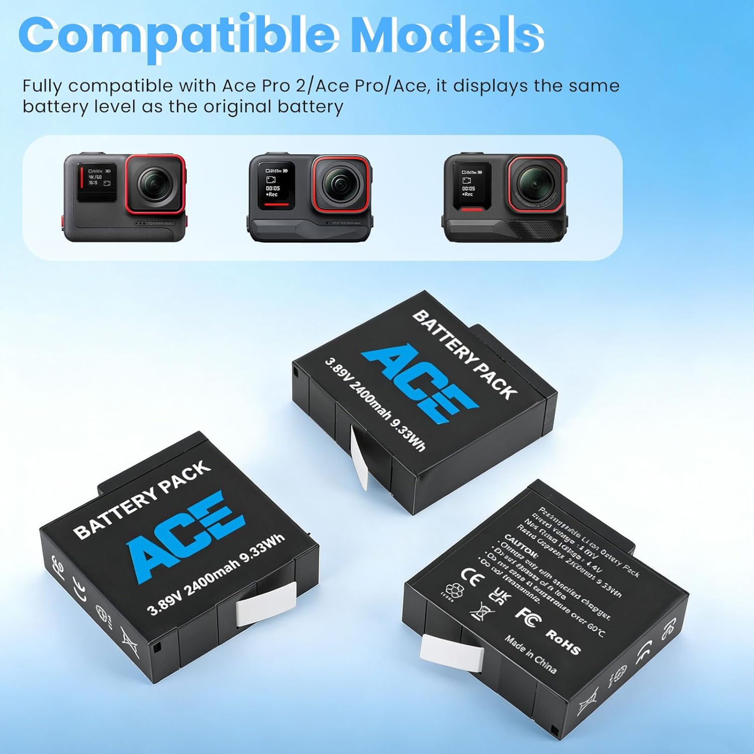 3-Pack 2400mah Ace Pro 2 Battery and 3-Channel Fast Charger Hub, Compatible for Insta360 Ace Pro 2/Ace Pro/Ace Action Camera Upgrade Capacity, with USB-C Charging Cable