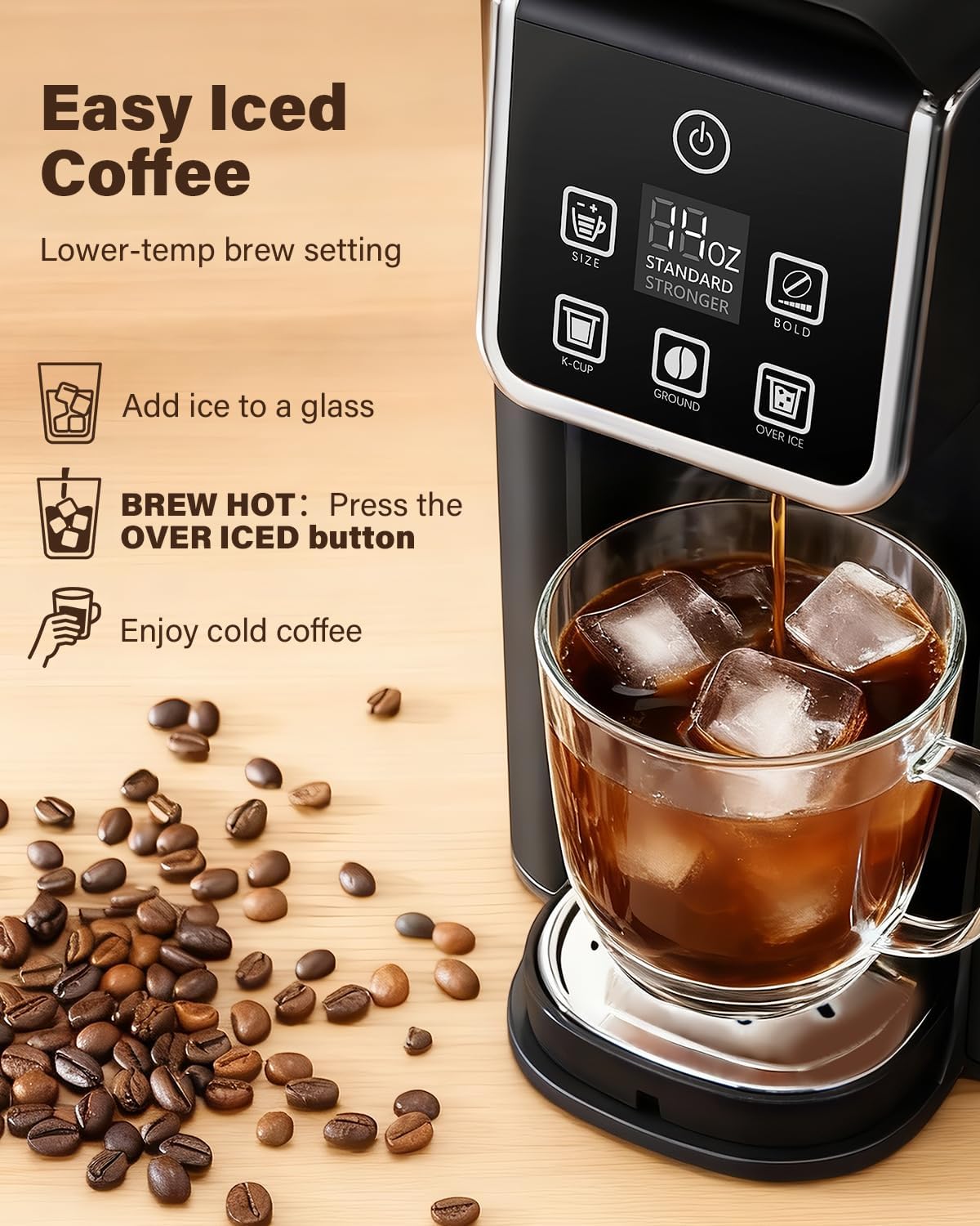 SHARDOR Single Serve Coffee Maker Upgrade, Hot & Iced Coffee Machine for K Cup and Grounds, 6 to 14 oz Brew Sizes, 50 oz Removable Water Tank, Bold Brew Setting, Pod Maker with Reusable Filter, Black - Image 4