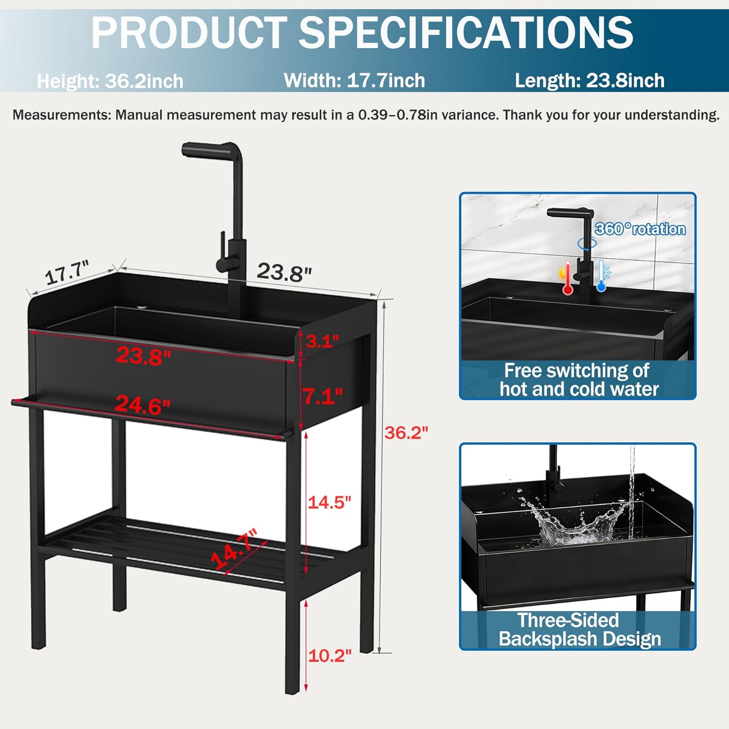 stainless steel utility sink with cabinet, 23.8" x 17.7" x 36.2" freestanding outdoor sink with 3-sided splash guard & pull-down sprayer, commercial single bowl sink for laundry room,garage