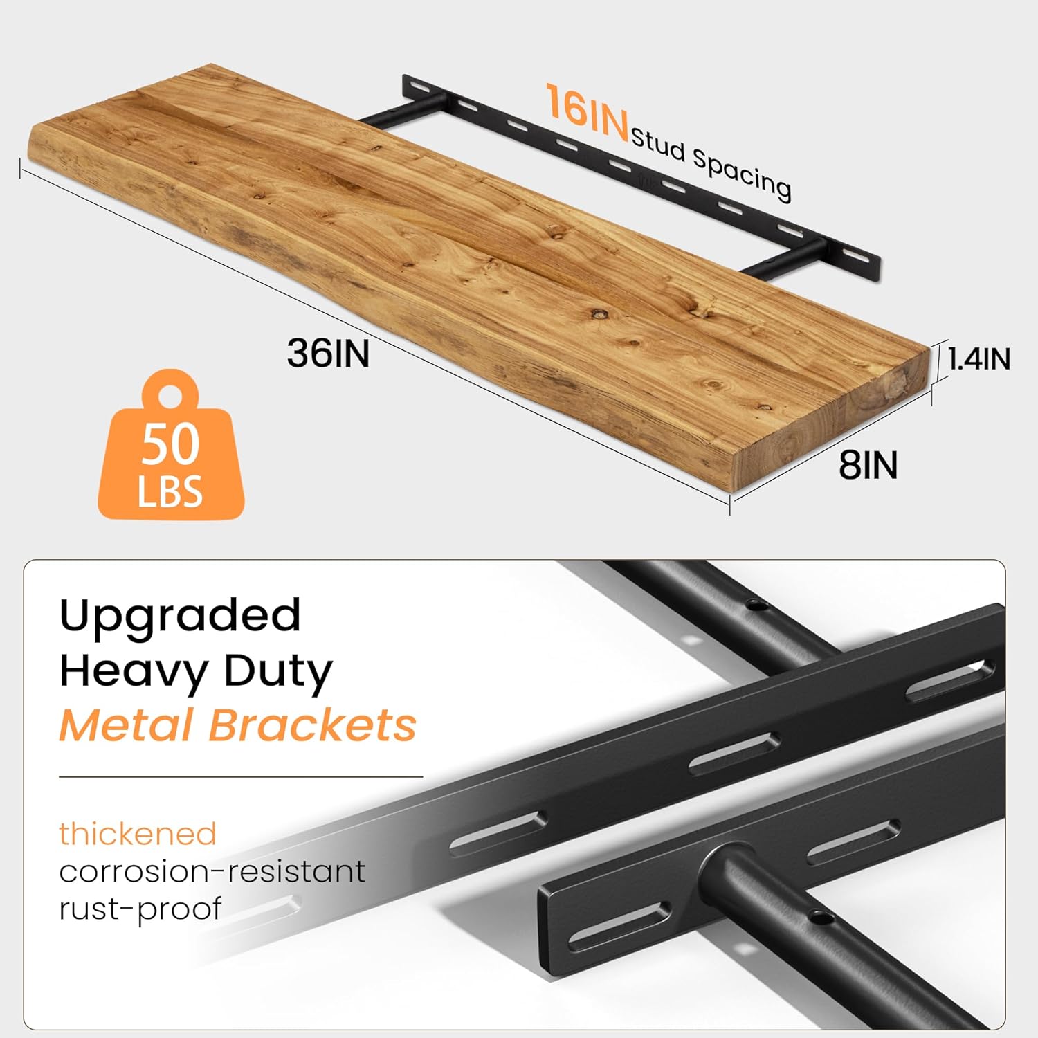 Fun Memories Floating Shelves for Wall Decor, Rustic Solid Elm Wood Live Edge Floating Shelves Wall Mounted, Heavy-Duty Shelf with Invisible Bracket for Living Room Kitchen, 36 Inch Set of 2, Natural