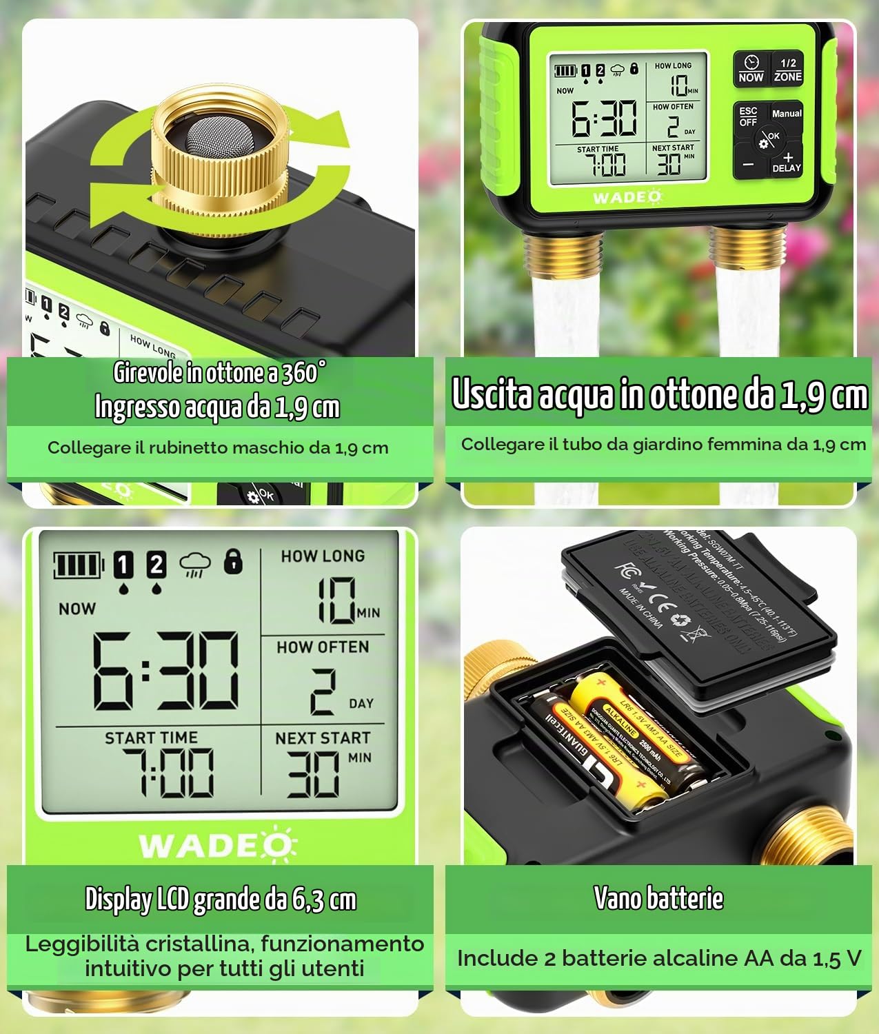 WADEO Timer per Irrigazione, [Raccordi in Ottone] [2 Uscite], Programmabile Automatico/Manuale/Ritardo Pioggia/Blocco Bambini per Giardino, Prato, Patio, Fattoria
