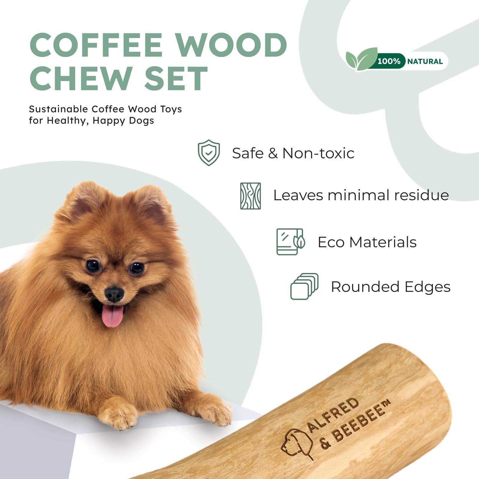 Alfred & Beebee Juguetes dentales y masticables de madera de café natural para perros, paquete de 4, S-M | Masticable y juguete de madera de café, paquete de 4. 100% natural, no tóxico y ecológico, para perros pequeños y medianos