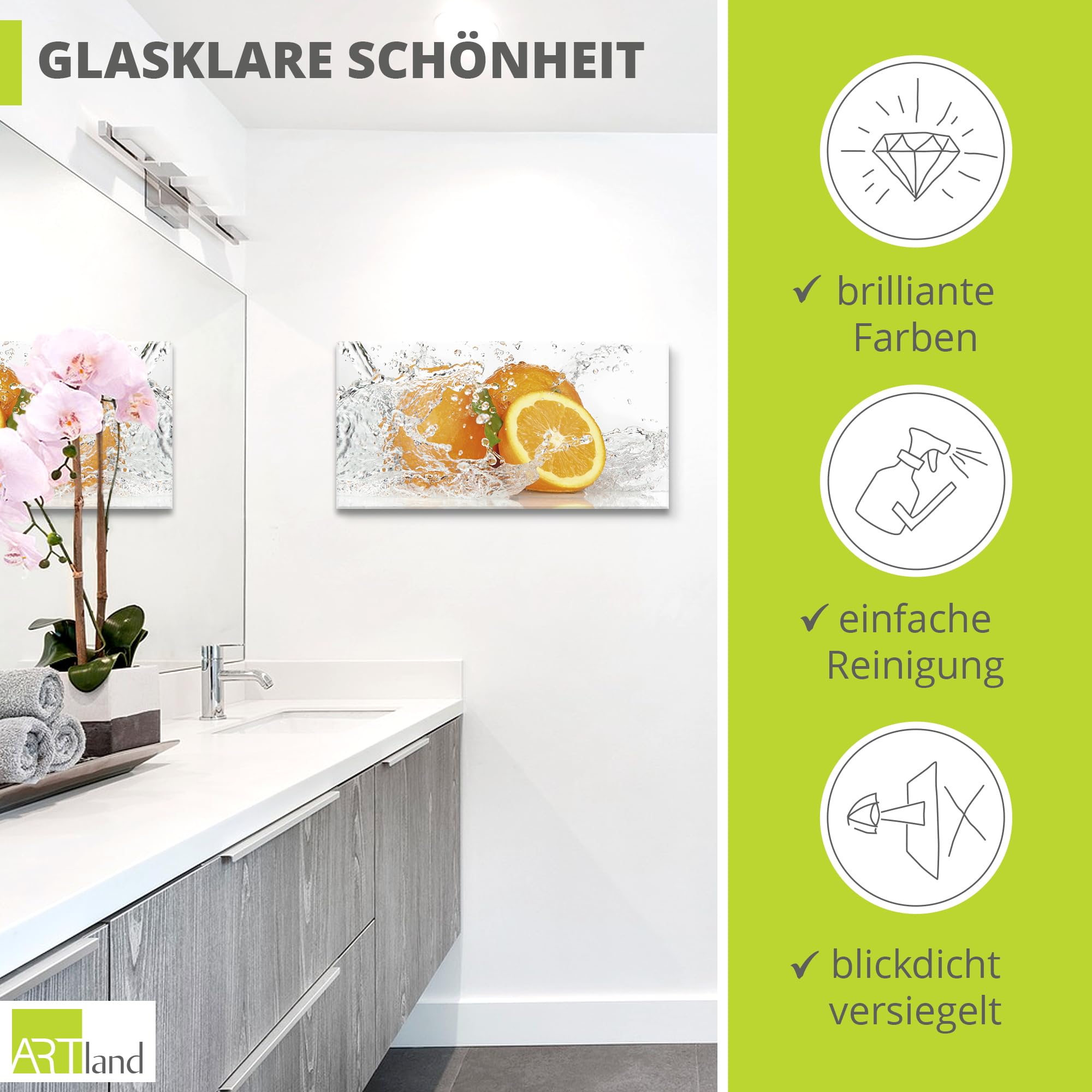 ARTLAND Wanddeko Glasbilder Wandbild Glas Bild einteilig 60x30 cm Querformat Früchte im Wasser Obst Orange Frucht Cocktails Bar Modern T5UI