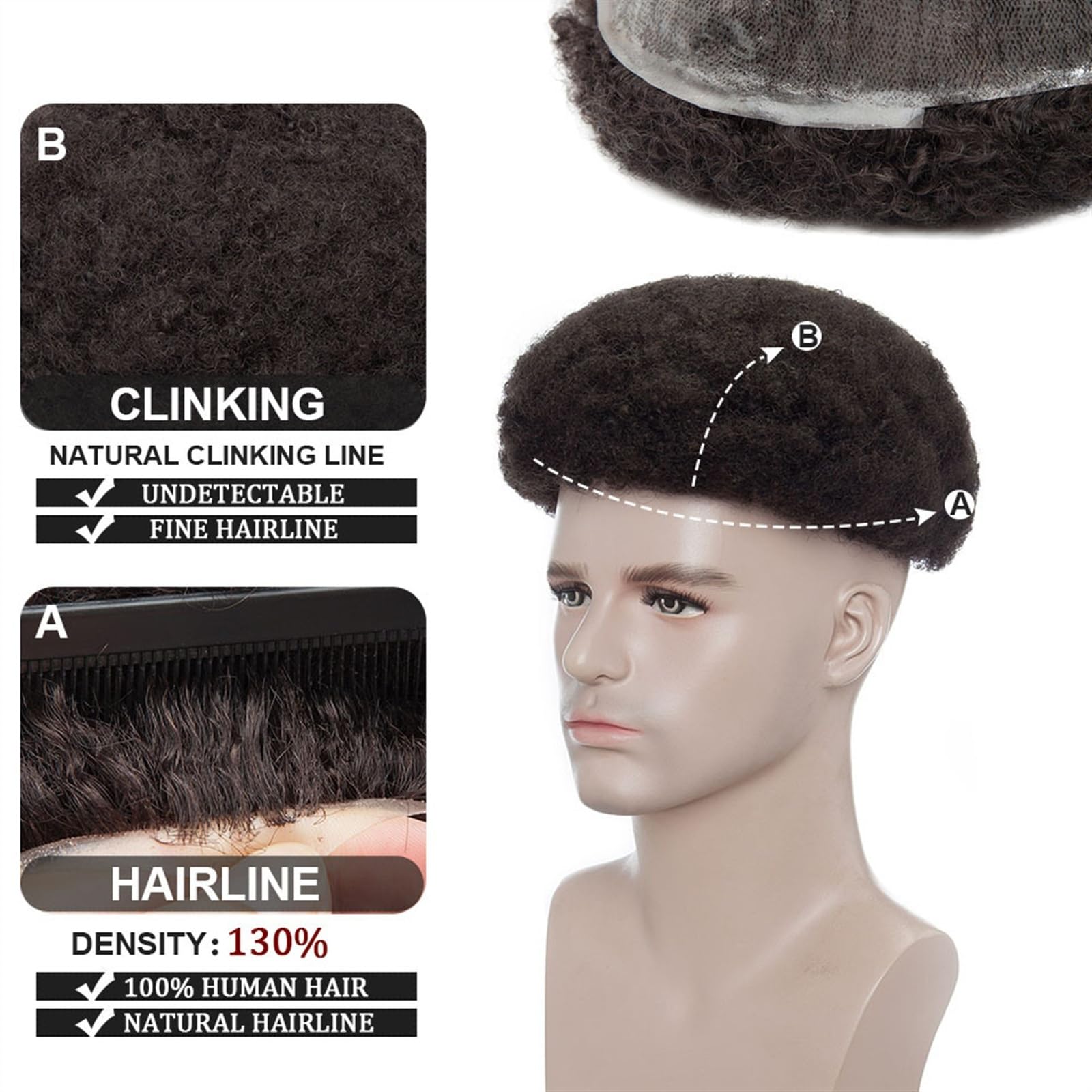 Herren-Perücke Afro-Toupet for schwarze Männer, 6 mm Afro Kinky Curl Herren-Haarteil, Perücke, 20,3 x 25,4 cm, Voll-PU-Basis, V-Schlaufe, männliche Haarprothesen, 130 % Dichte, Echthaar-Einheiten Perü