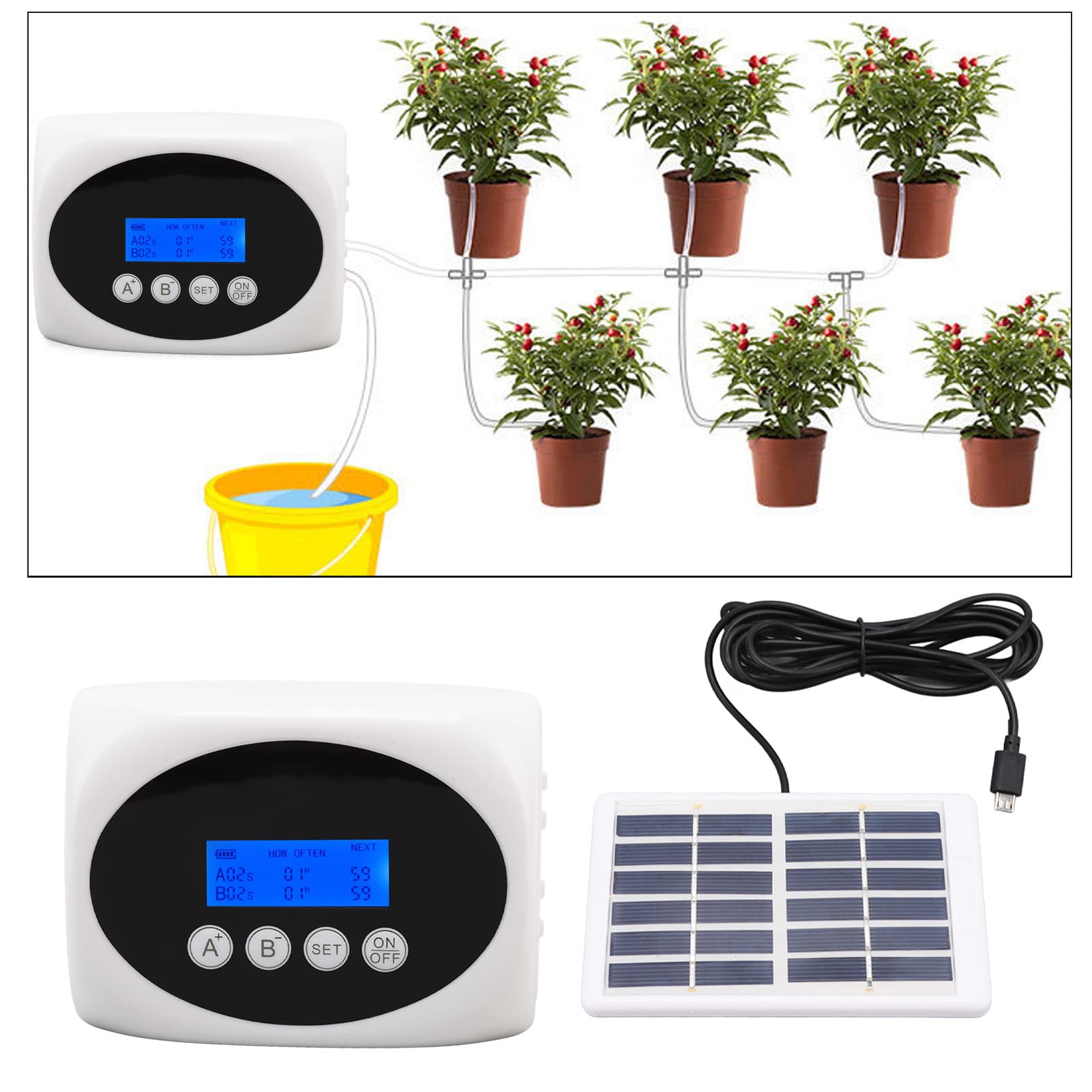 Kit di Irrigazione Automatica a Goccia Dispositivo di Irrigazione Automatico Solare Dispositivo di Irrigazione Giardino Doppia Pompa Irrigatore Temporizzato Kit di Irrigazione per Piante Nero 10m per