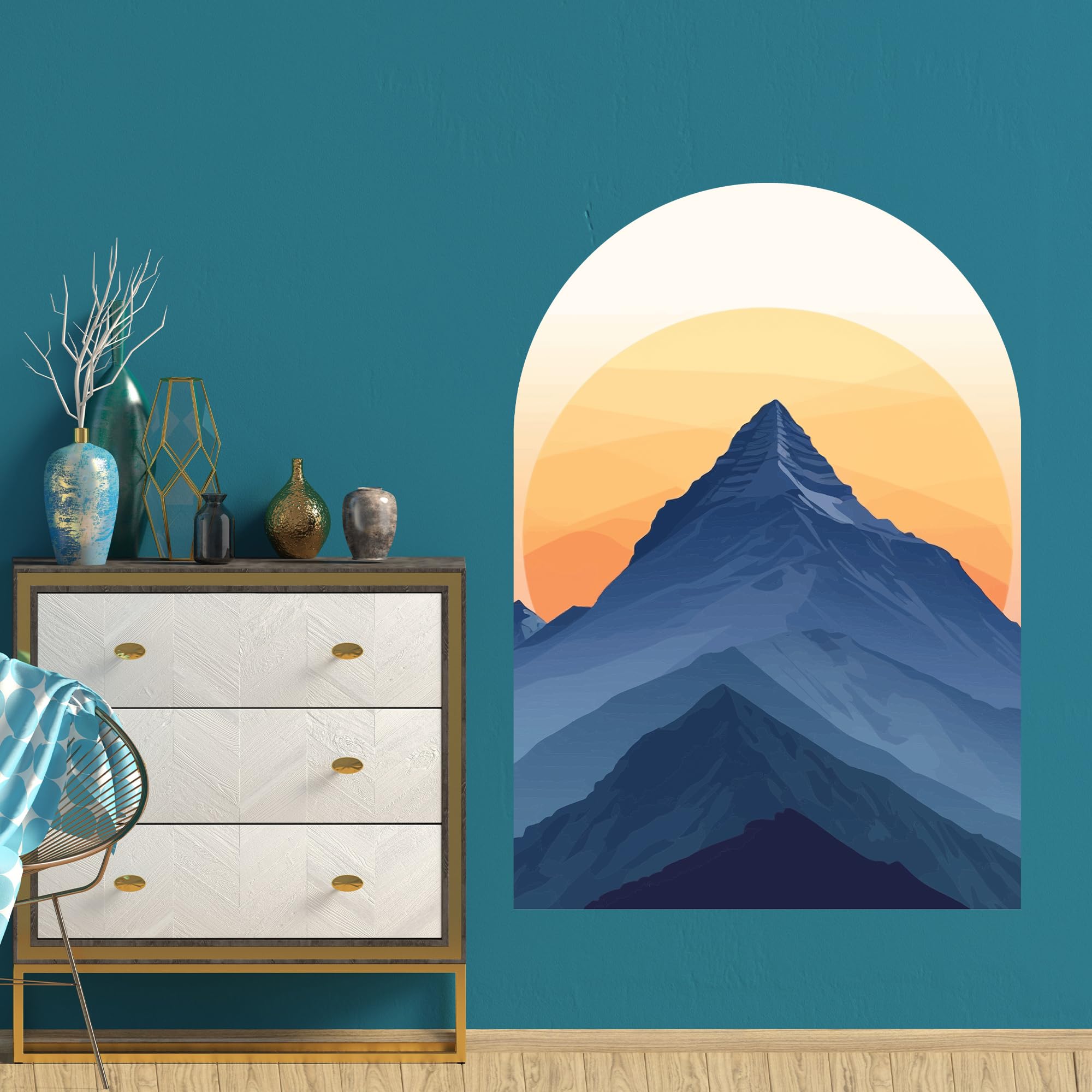 Themed Blue Boho Wall Sticker - Sun Mountain Arch Decal Wall Art (120Cm Height X 85Cm Width)