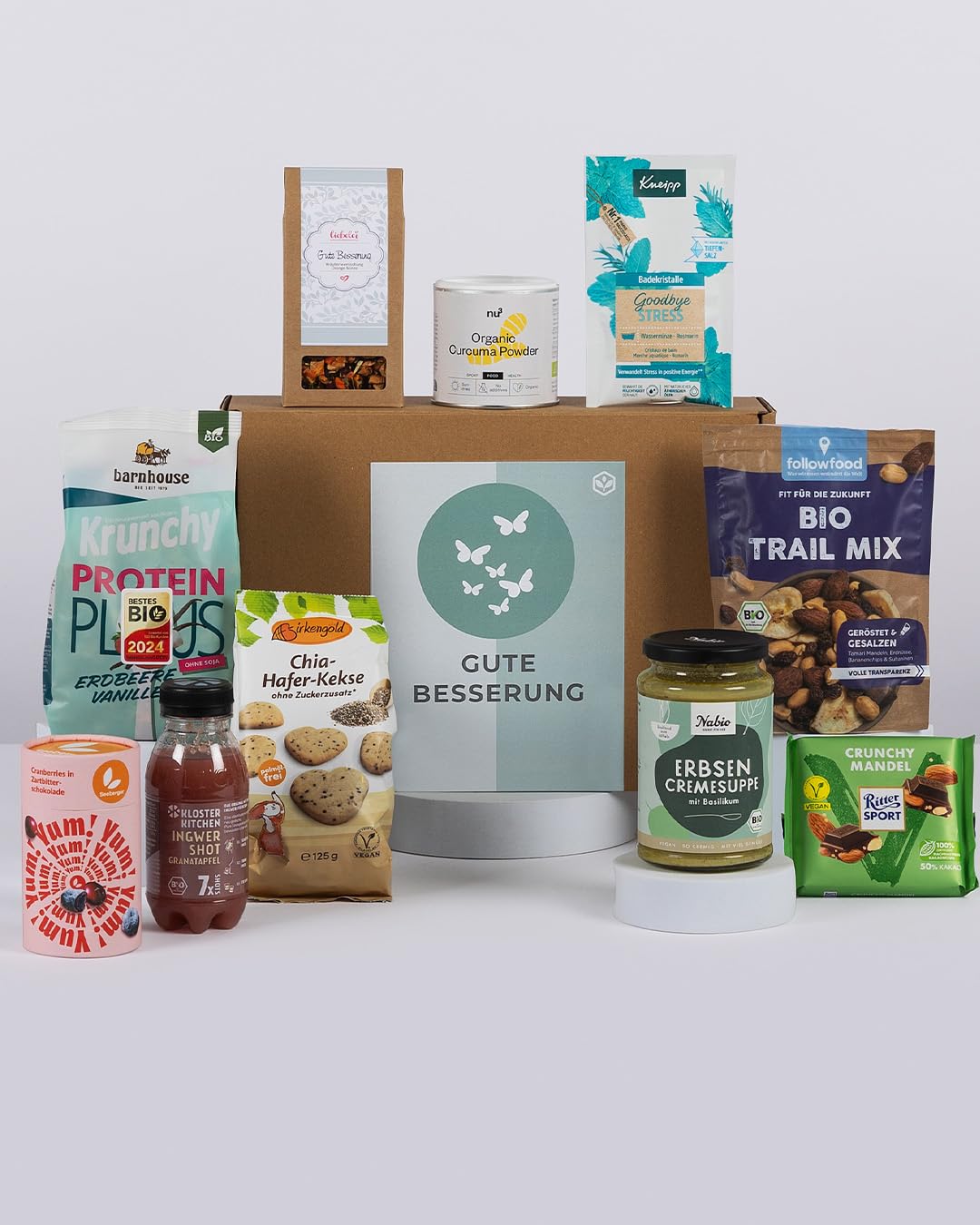 GUTE BESSERUNG BOX | Gute Besserung Geschenk Paket mit Snacks & vielen Aufmerksamkeiten zur Genesung | Care Paket, Geschenkkorb Vegan