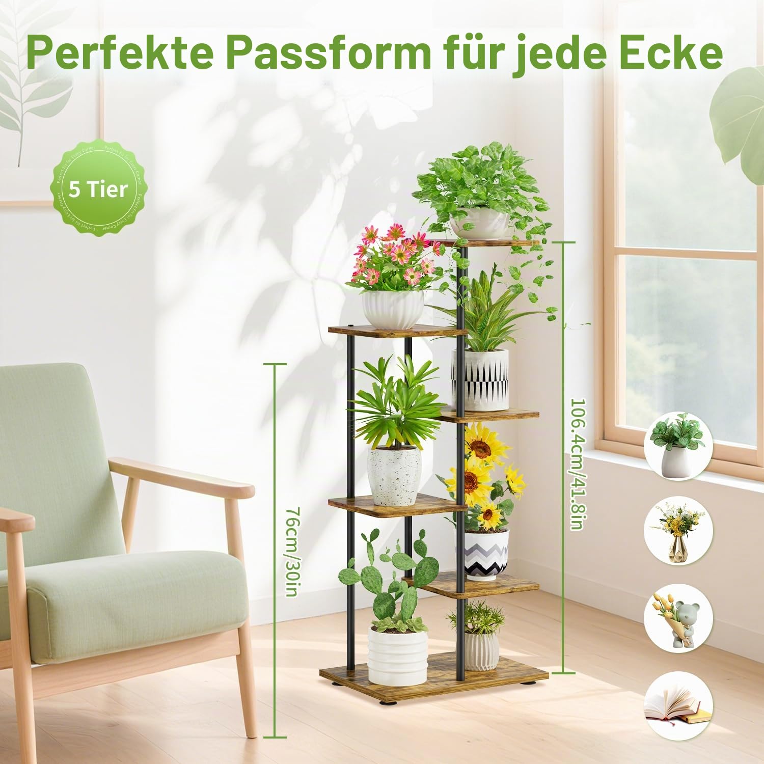 iDavosic.ly Pflanzenständer, Blumenständer, 5 Etagen, 106 cm, Schwarz-Braun