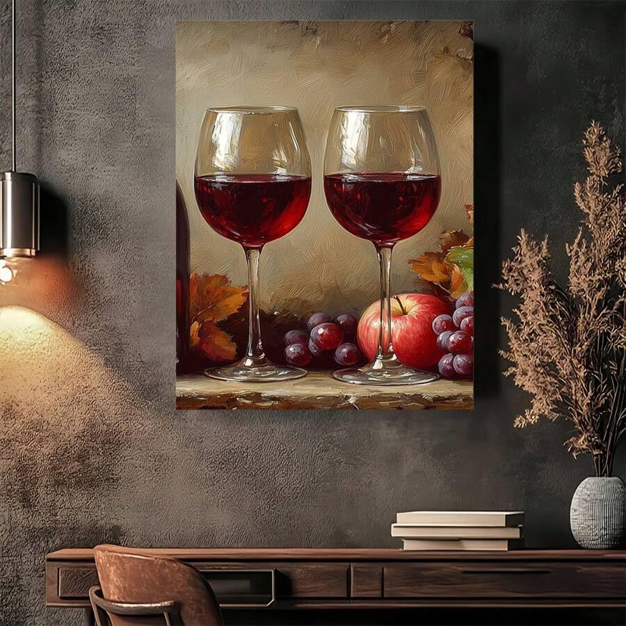 Lienzo decorativo con copas de vino tinto cuadro bodegon de frutas para cocina 2