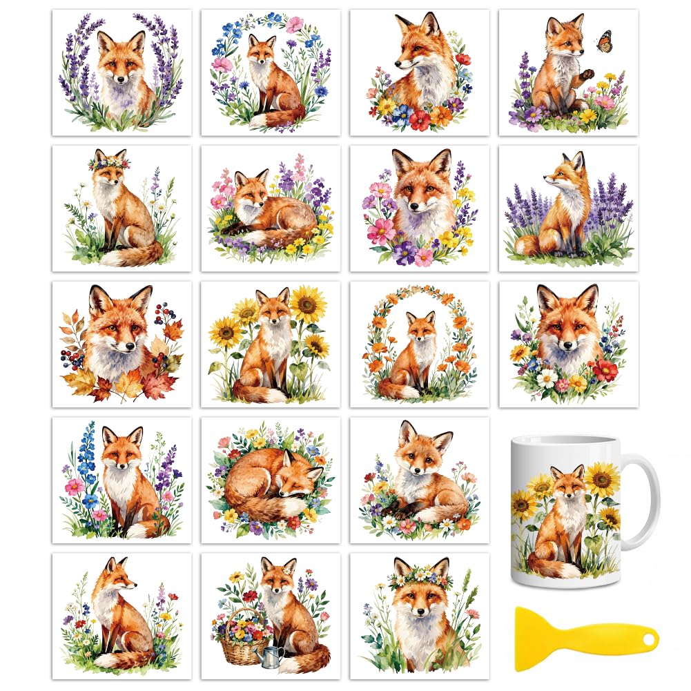 Peacoblue 18 Sheets Rub On Transfers for Crafts, Fox Wildflowers UV DTF Cup Wrap Waterproof Cold Transfers Stickers for Wood Glass Home Decor 9Γ10CM