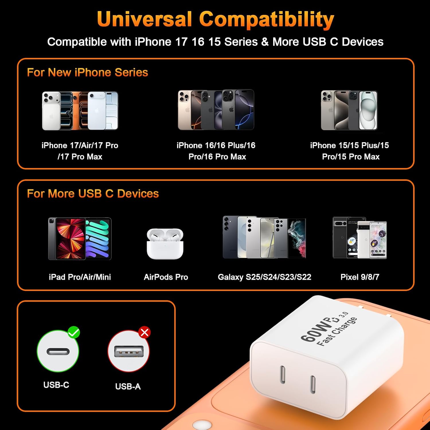 iPhone 17 Pro Max Charger Fast Charging, 60W Dual USB C iPhone 17 Pro Max Fast Charger Block with 10FT Long USB C Charging Cable for iPhone 17/17 Pro/17 Pro Max/Air/16/16 Pro/16 Pro Max/15/15 Pro Max