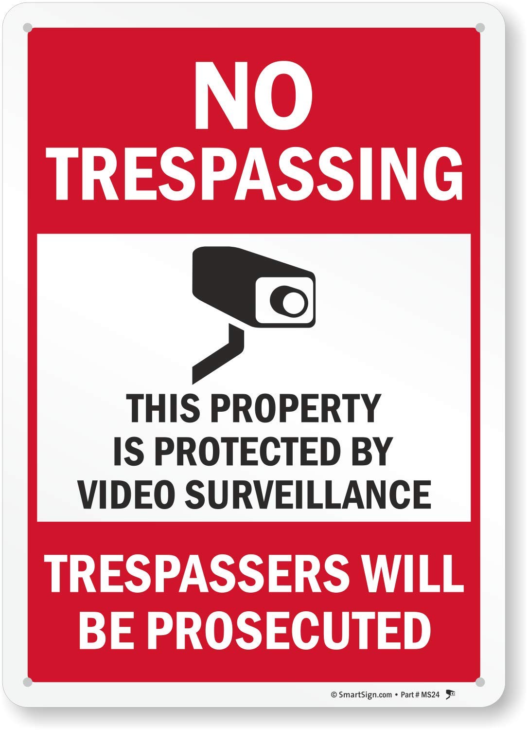 SmartSign 14 x 10 inch ââ‚¬Å“No Trespassing - Property Protected by Surveillance, Trespassers Prosecutedââ‚¬Â Metal Sign, 40 mil Aluminum, Engineer Grade Reflective Material, Red, Black and White-picture-24