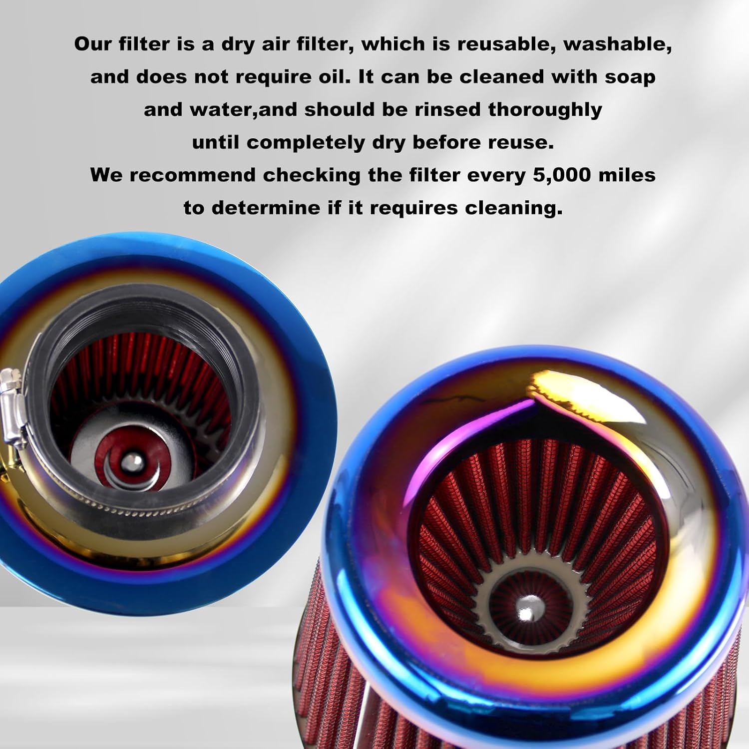 RULLINE 76mm 3" High Flow Round Tapered Cone Cool Air Filter Clamp-On Air Intake Filter Washable Replacement Air Filter Blue Burning Process Red