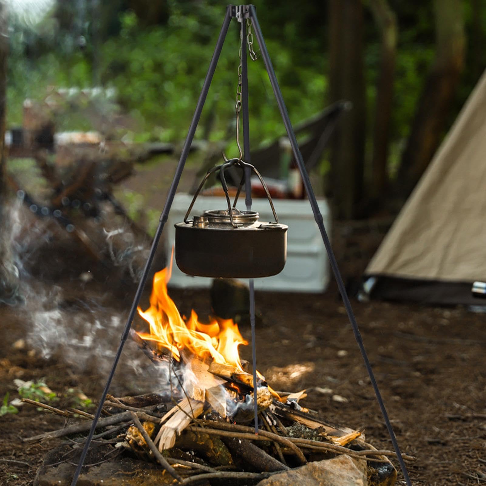 Barbacoa de camping – Soporte para trípode para fogata, soporte para trípode | Barbacoa de camping portátil y resistente con cadena colgante, soporte para trípode de barbacoa, trípode de caldera para