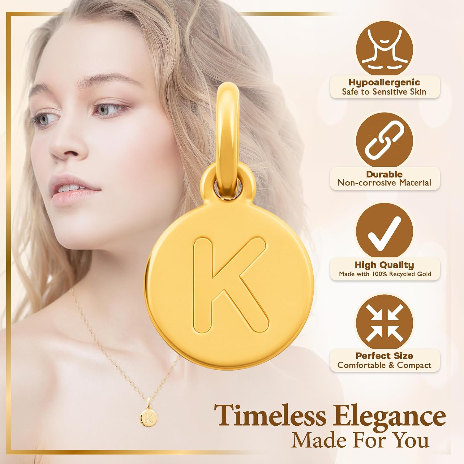 18K Gold Plated A-Z Initial Letter Pendant for Women - 0.4 inch (1 cm) Solid Pendant with Engraved Capital Letter- Alphabet Jewelry