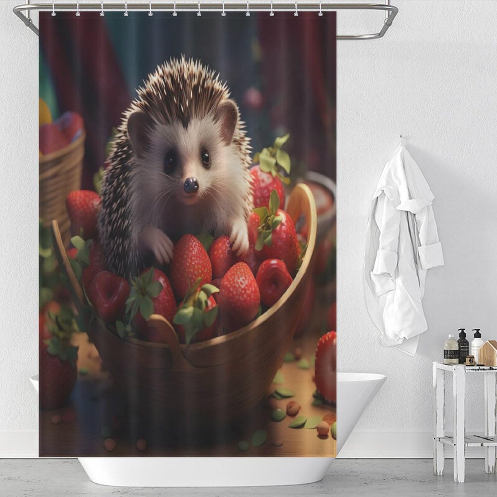 Rideau de bain hérisson pour créer une ambiance nature dans la salle de bain