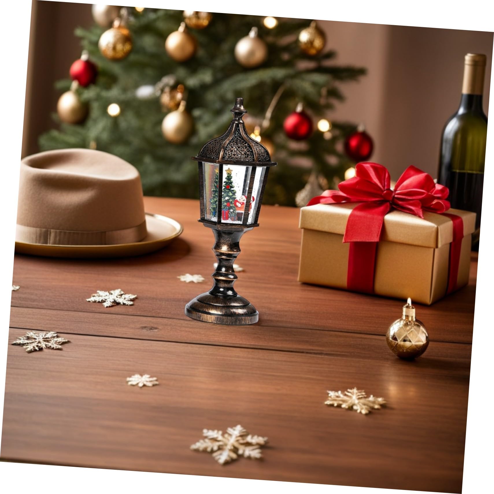 2pezzi Lanterna di Natale Illuminata in Resina Musica Luce Decorativa da Tavolo per Feste Natalizie Opzione Alimentazione USB o Batteria Ornamento da Tavolo Luminoso per Casa