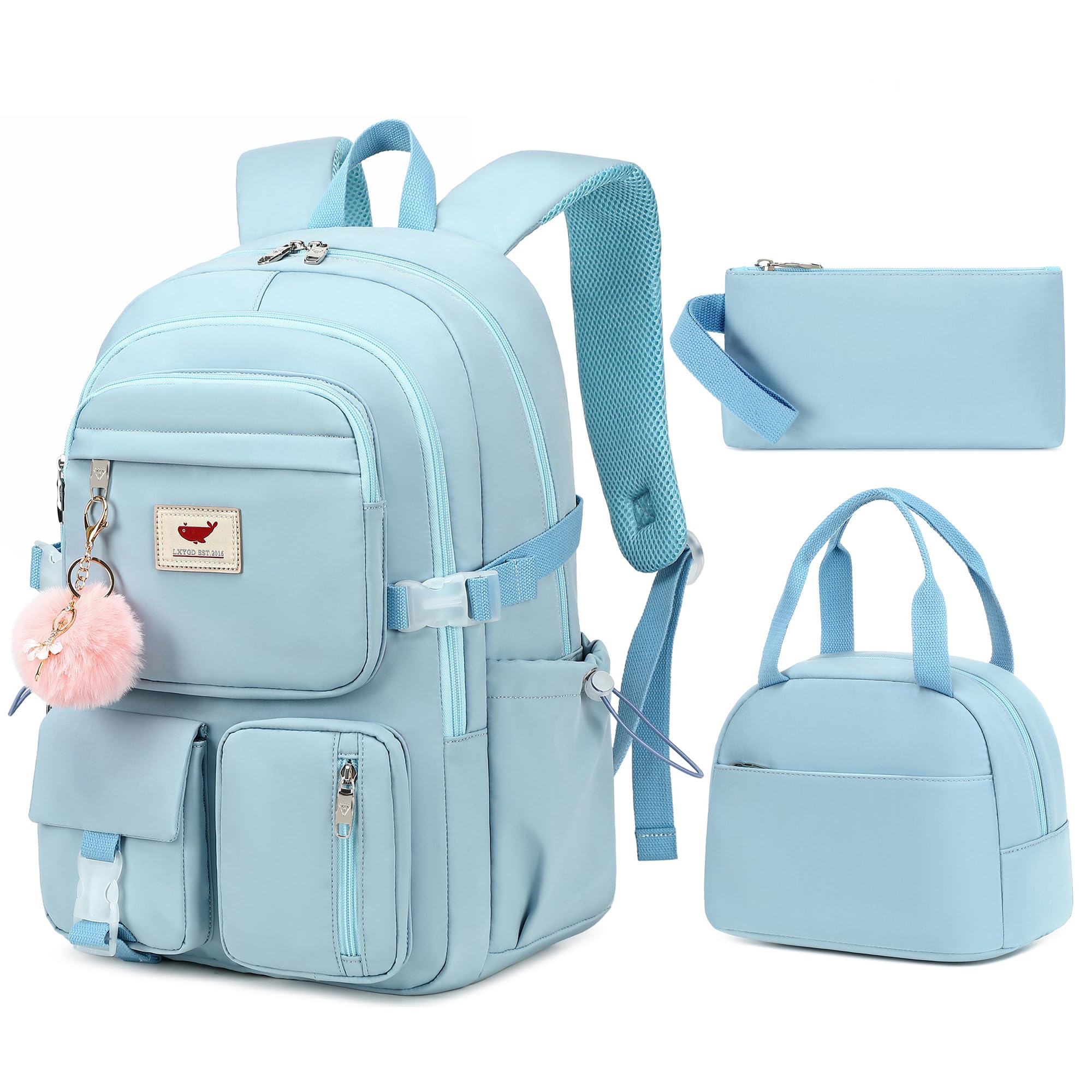 Laptop Backpack 15.6 Inch Elementary Middle High School Bag College Backpacks with Lunch Box Pencil Pouch 3 PCS Set Travel Bookbags for Teens Girls