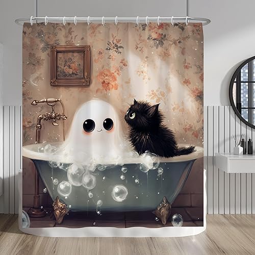 Miniatura 1 de Baocicco Cortina de ducha con diseño de fantasma y gato negro para niños, 72 x 78 pulgadas, espeluznante y bonita, con 12 ganchos, cortina de baño