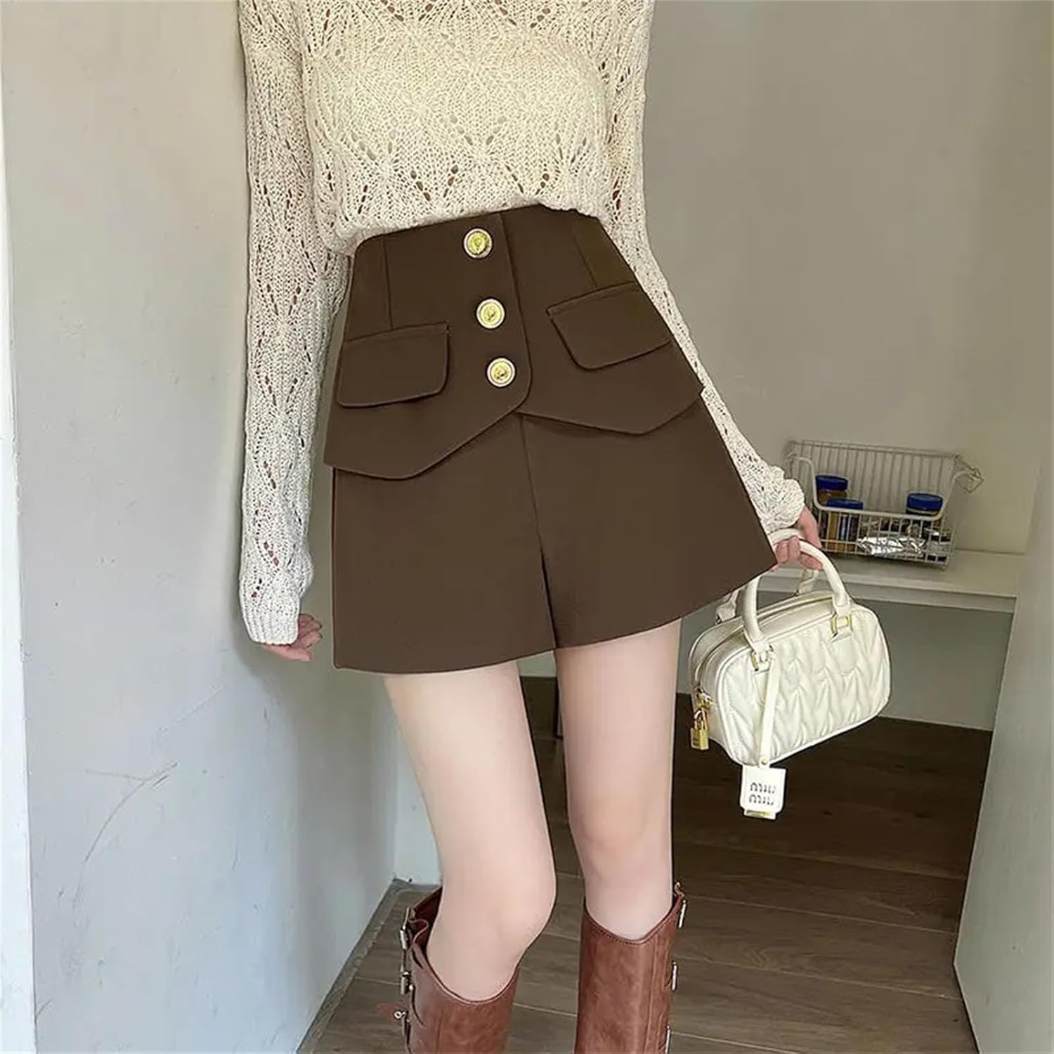 Womens Thickened Shorts Korean Slimming High-Waisted A-line Boot Pants Wide-Leg Casual Pants