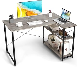 COSTWAY Corner Computer Desk, L-Shaped Writing Study Table with Reversible and Adjustable Bookshelf, Space-Saving Home Office PC Laptop Workstation (Grey)