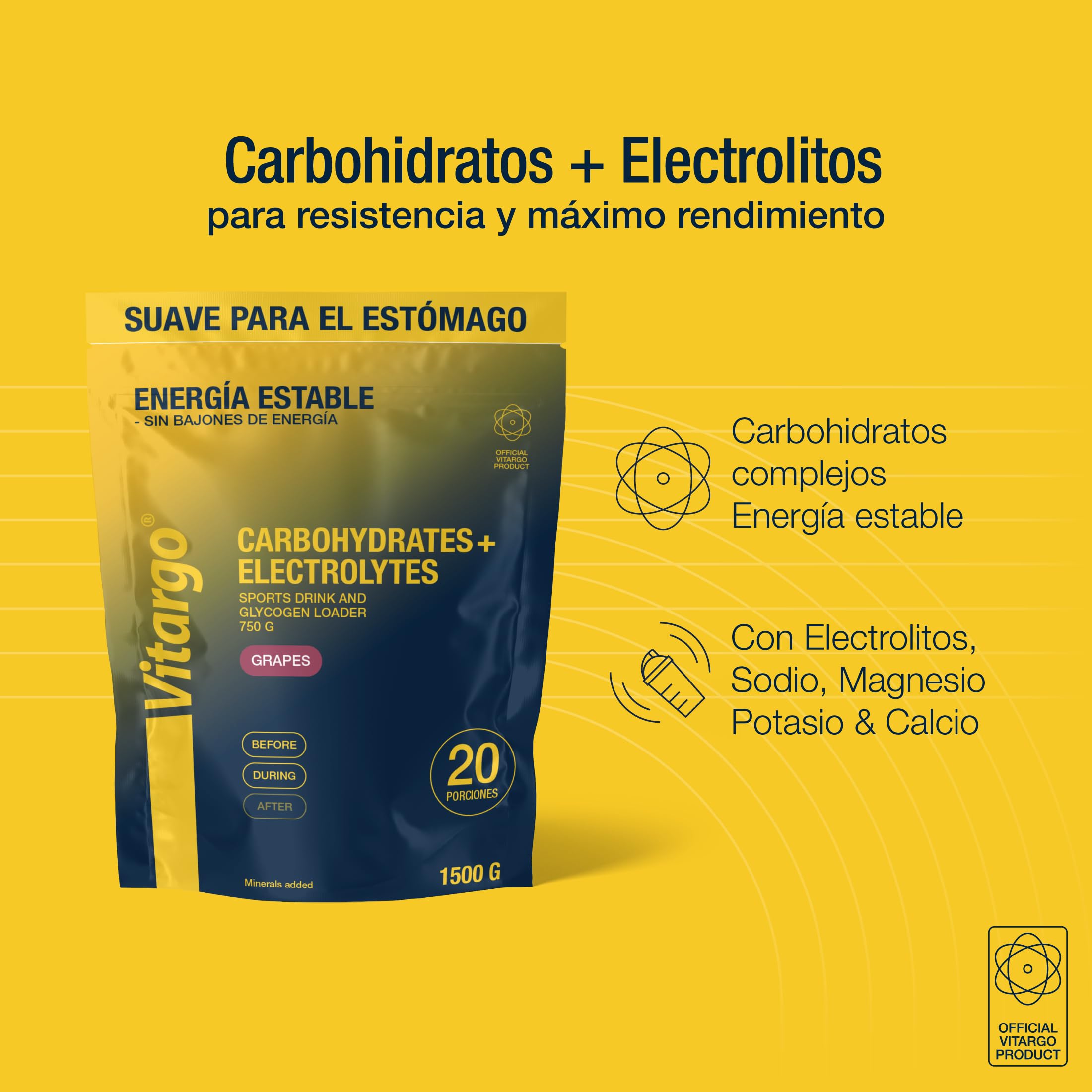 Vitargo carbohidratos con electrolitos en polvo, bebida isotonica en polvo para pre-entreno e intra-entreno, sin problemas digestivos, sabor a uva, alternativa a maltodextrina en polvo, 1,5 kg
