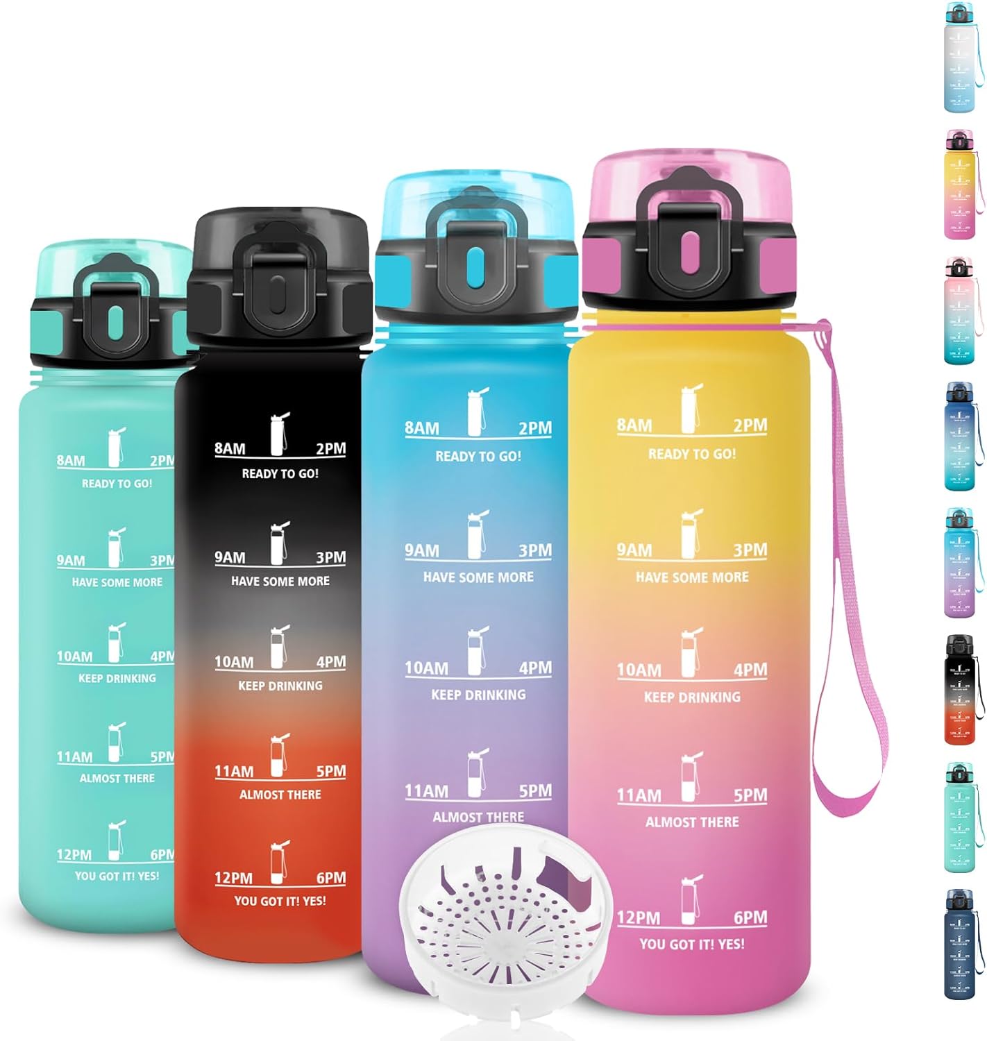 Drinking Bottle 500 ml, Leak-proof Drinking Bottle, Water Bottle with Time Marking and Filter, Suitable for Carbonated Drinks, Easy to Clean, Water Bottle for School, Travel, Outdoor, Running