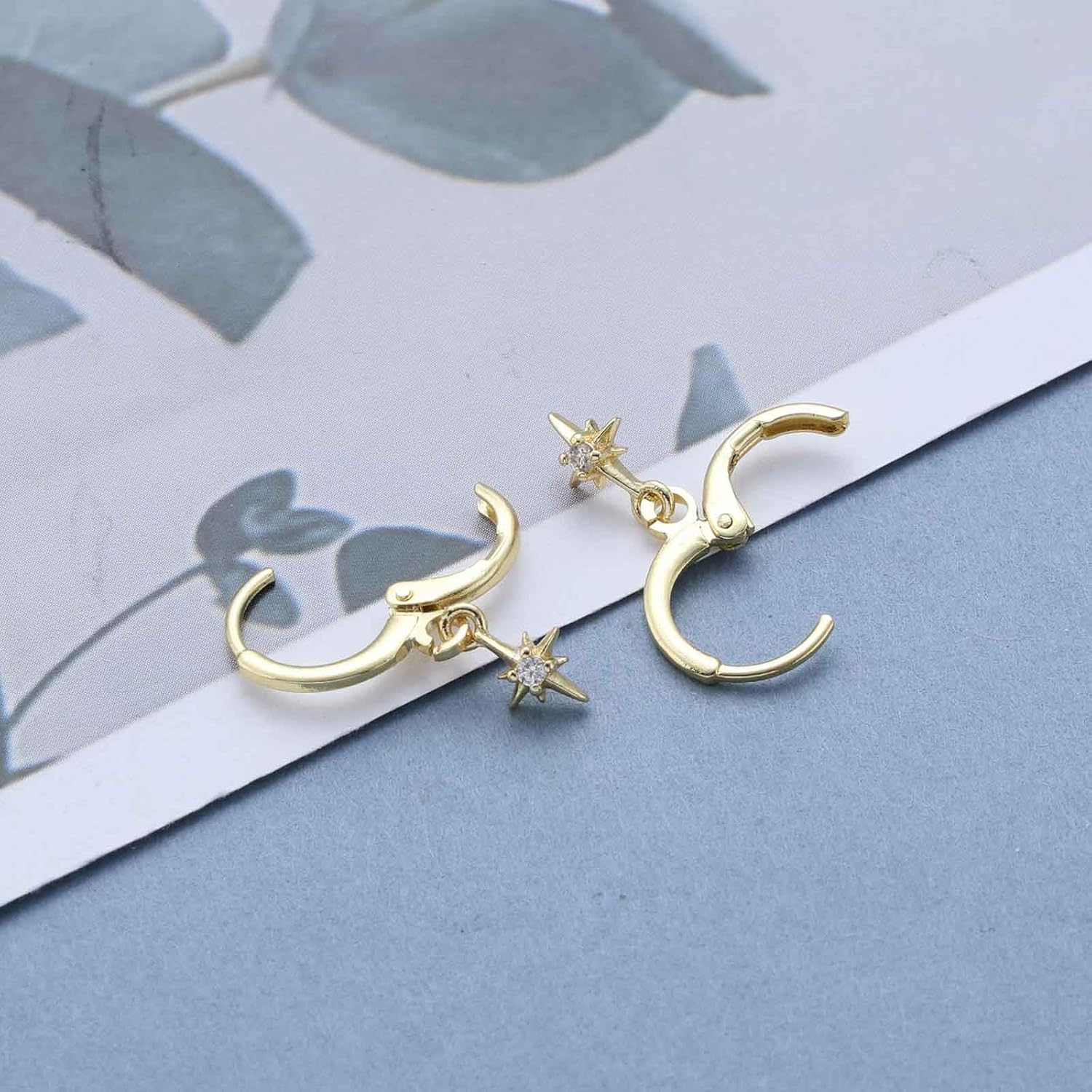 Vintage Tiny Northstar Dangle Earrings Gold Crystal Sun Huggie Hoop Earrings Cz Star Huggie Earrings Small Hoop Earrings Jewelry for Women - Image 4